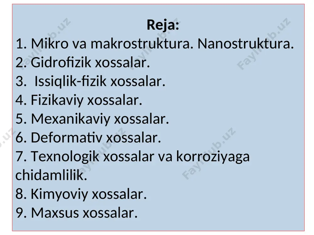 sh jarayoni juda sekin kechadi, ya’ni suyuq holatga o‘tmay qayishqoq quyuq bo‘lib turaveradi.. materiallarni tashkil qiluvchi moddalarning ichki tuzilishi uning mexanik mustahkamligi, qattiqligi, qiyin eruvchanligi va boshqa xos- salarini tavsiflaydi. materiallarning tarkibi. materiallar kimyoviy, mineralli va fazoviy tarkiblari bilan tavsiflanadi. materiallarning kimyoviy tarkibi materialning bir qator xossala- rini o‘rganish imkonini beradi. ya’ni, olovbardoshlik, yemirilishga chidamlilik, biochidamlilik va boshqa texnik tavsiflar shular jumlasidandir. mineralli tarkib bog‘lovchi moddalar yoki tosh materiallarda qanday minerallar qancha miqdorda bo‘lishini ko‘rsatadi. masalan, portlandsementda uch kalsiyli silikat (3cao.sio2) miqdori 45...60 % ni tashkil qiladi. materialning fazoviy tarkibi va uning g‘ovaklarida joylashgan suvlarning fazoviy o‘tishi materialni ishlatish jarayonidagi barcha xossalariga sezilarli ta’sir ko‘rsatadi. materialdagi qattiq moddalar uning karkasini hosil qiladi, g‘ovaklar havo va suv bilan to‘lgan bo‘ladi. ushbu tizimning komponentlaridan biri bo‘lgan suv muzlaydi, natijada materialning mexanik xossalari o‘zgaradi. . gidrofizik xossalar. suv shimuvchanlik materialning o‘ziga suvni shimib olishi va uni saqlab turish qobiliyatidir. agar ko‘rsatilgan farq namuna …