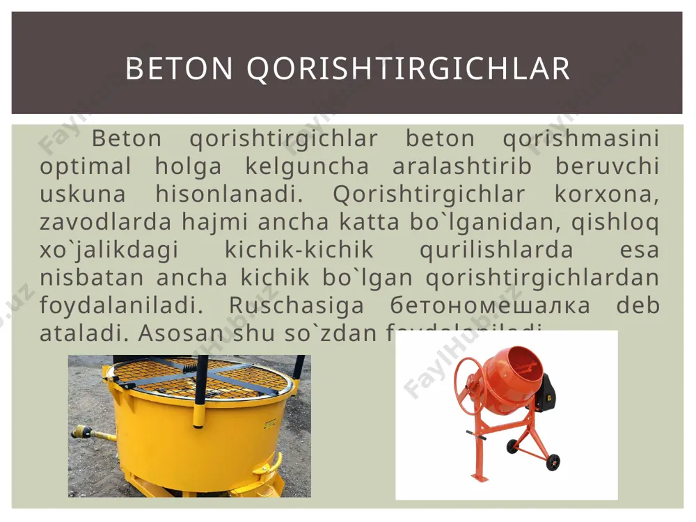 hishi bilan davriy harakatlanuvchi beton qorishtirgichlardir; e) beton qorishtirgichlarni o‘rnatish uslubi bo‘yicha ko‘chmas (bir joyda ishlovchi) yoki siljiydigan turi bo‘ladi. beton qorishtirgichlar tayyor betonni manziliga yetkizish uchun yani beton ishlab chiqarish korxonasidan chiqqan betonni tashish uchun maxsus tranportlar ham mavjud. ular mahsulotni qorib tashlamasa ham meshalkasi aylanib turishini hisobiga bettoni qotib qolishini oldini oladi. 2 soatgacha turib bea oladi. ular 2 xil bo`lishi mumkin. nasosli va nasossiz. nasosli turi betoni baland joylarga yetkazib berishga xizmat qiladi beton qorishtirgichlar qurilish industriyasining mexanik uskuna va mashinalari. z.m. sattorov wikipeediya google foydalanilgan adabiyotlar image2.jpeg image3.jpeg image4.jpeg image5.jpeg image6.jpeg image7.jpeg image8.jpeg /docprops/thumbnail.jpeg