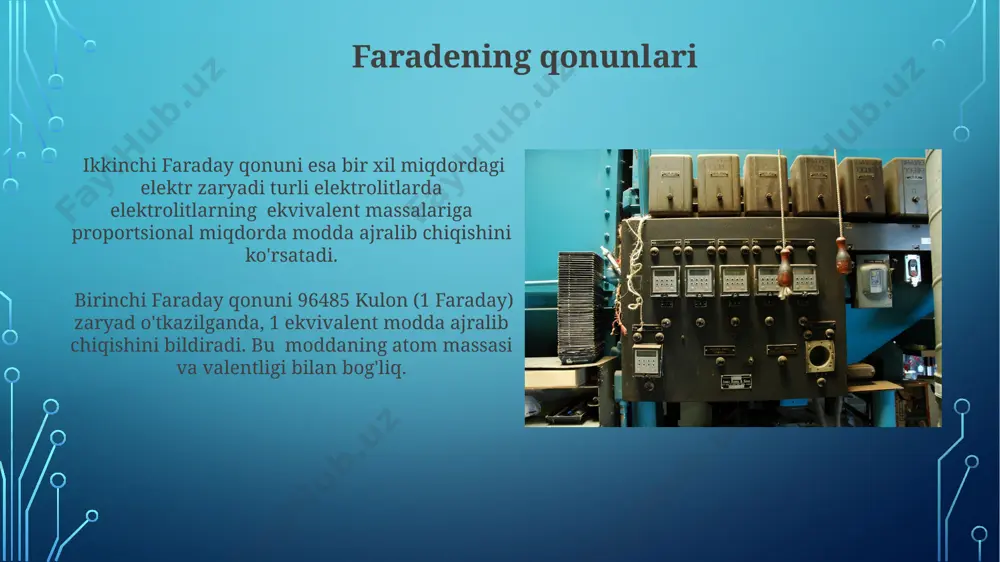 pasaytiruvchi jarayon bo'lib, metall yuzasida himoya qatlami hosil bo'lishi bilan tavsiflanadi, masalan, xromning passivlanish potentsiali 0.7 v atrofida. elektrokimyoviy qoplamalar elektrokimyovy qoplamalar jarayonida 10-100 µm qalinlikdagi metall qatlam hosil bo'lishi mumkin, bu qoplamaning korroziyaga chidamliligi va mexanik xossalarini yaxshilaydi. elektrolitik vannalarning tarkibi va temperaturasi kabi parametrlar qoplama sifatiga, masalan, uning yopishqoqligi va kristall tuzilishiga sezilarli ta'sir ko'rsatadi; optimal shartlarni aniqlash muhimdir. elektrokimyoviy texnologiyalar qo'llanilishi elektrokimyoviy qoplama texnologiyalari 100 dan ortiq turdagi metall va qotishmalarning sirtlarini himoya qilish va estetik jihatdan bezash uchun keng qo'llaniladi, bu esa korroziyaga chidamliligini 5-10 baravar oshiradi. batareyalar va quyosh panellarining ishlab chiqarilishida elektrokimyoviy reaksiyalar muhim rol o'ynaydi, 90% dan ortiq quvvat manbalarining samaradorligi ushbu texnologiyalarga bog'liq. elektrod potensiali va uning o'lchovlari elektrod potentsialini o'lchash uchun potensialometr yordamida ikkita elektrod, ya'ni ko'rsatkich elektrodi va standart elektrod (masalan, she) ishlatiladi va potentsial farqi mv yoki v da o'lchanadi. nernst tenglamasidan foydalanib, elektrod potensialini eritmadagi ionlar konsentratsiyasi va …