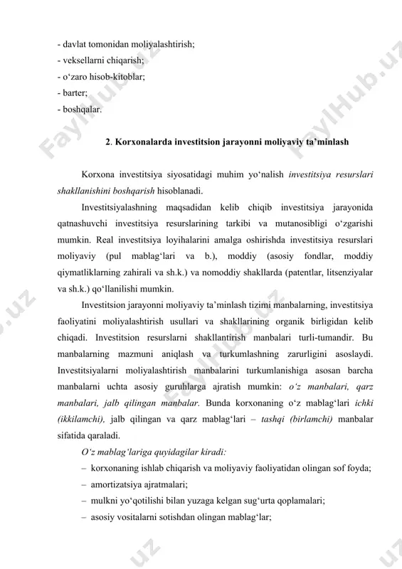 asosiy shakli sifatida namoyon bo‘lib, mahsulotning qo‘shilgan qiymatini ifodalaydi va korxona faoliyati natijalarini umumlashtiriuvchi ko‘rsatkich hisoblanadi. soliq lar va boshqa majburiy to‘lovlar to‘langanidan so‘ng korxona ixtiyorida sof foyda qoladi. u zahira kapitali, taqsimlanmagan foyda va jamg‘arish fondi ko‘rinishida to‘planib boradi. odatda, foydaning investitsiya maqsadlariga yo‘naltirilayotgan qismi jamg‘arish fondida yoki shunga o‘xshash fondlarda to‘planib boradi. jamg‘arish fondi xo‘jalik yurituvchi subyektning yangi mulkni tashkil qilish, asosiy vositalar, aylanma mablag‘larini olish uchun ishlatiladigan mablag‘lari manbai sifatida maydonga chiqadi. zahira fondi korxonaning zararlarini qoplash, obligatsiyalarni so‘ndirish va o‘z aksiyalarini qayta sotib olish uchun shakllantiriladi. foydaning taqsimlanmagan qismi ham kapitalizatsiya uchun yo‘naltirilishi mumkin. o‘zining iqtisodiy mazmuni bo‘yicha foyda rivojlanish uchun ishlatiladigan o‘z mablag‘lari zahirasining shakllaridan biri hisoblanadi. ishlab chiqarishni rivojlantirishga yo‘naltirilayotgan sof foydaning hajmi bir qancha omillarga bog‘liq bo‘ladi: mahsulot realizatsiyasi hajmiga, narhlarga, mahsulot birligi tannarxiga, foyda solig‘i stavkasiga, iqtisodiy rivojlanishning umumiy strategiyasiga asoslanuvchi iste’mol va korxonaning rivojlanishiga taqsimlash siyosatiga. moliyalashtirishning o‘z manbalarini ahamiyatliligi bo‘yicha …