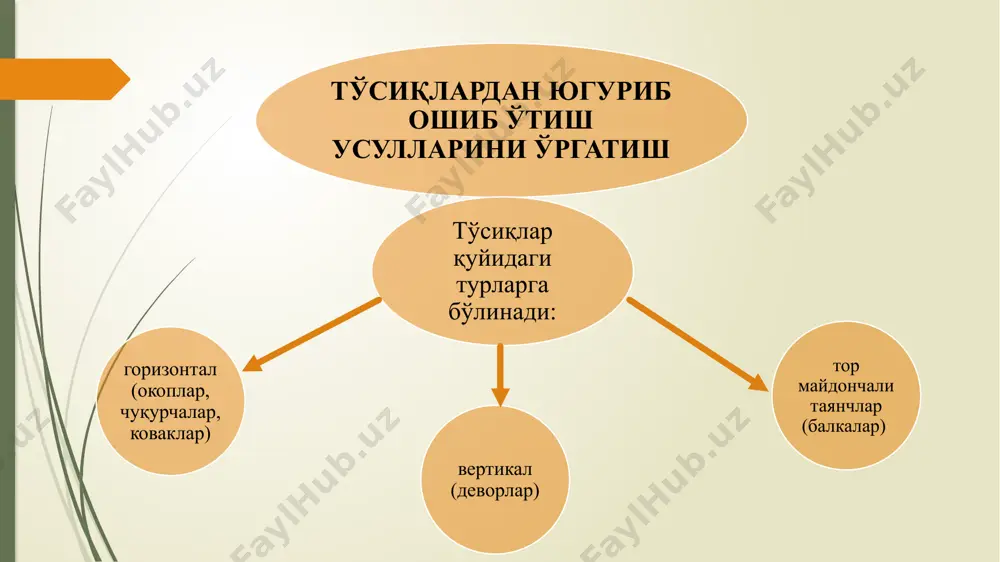 ранаталарнинг оғирлиги 600 гр. қудуқдан сакраб чиқиб, девордан сакраб ўтилади. энгашган нарвон орқали бузилган пиллапоянинг тўртинчи поғонасига чиқилади ва пиллапоя поғоналаридан югуриб тушилади. вертикал нарвон орқали бузилган кўприкнинг балкаси устига чиқилади. ундан югуриб бориб, узилган жойдан сакраб ўтилади ва энгашган тахта орқали югуриб тушилади. икки метрли кенгликдаги чуқурдан сакраб ўтилади, йўлаккача ўтиб олиб тўсиқлар қаторининг бошланиш чизиғи кесиб ўтилади. арқонга тирмашиб чиқишни бажариш арқонга тирмашиб чиқиш. вертикал арқонда аралаш осилиб тирмашиб чиқишнинг уч усули мавжуд; букилган қўлларда тирмашиб чиқиш, уч ва икки ҳаракат усулида тирмашиб чиқиш. уч ҳаракат усулида тирмашиб чиқиш. хотин-қизлар ва ўрта мактаб ёшдаги болаларнинг машғулотларида қўлланилади. чунки юклама фақатгина қўл ва елка камари мускулларига тушмасдан, оёқ мускулларига ҳам тушади. арқоннинг каттиклигини ва йўғонлигига қараб, арқон оёқлар билан бирма-бир оёқнинг таъкими ва иккинчи оёқнинг товони билан ёки «сиртмоқ» қилиб ушланади. бунда арқон бир оёқ сони ва болдирнинг ташқарисидан ўтади ва оёқ кафти ички томони билан қисиб ушланади. икки …