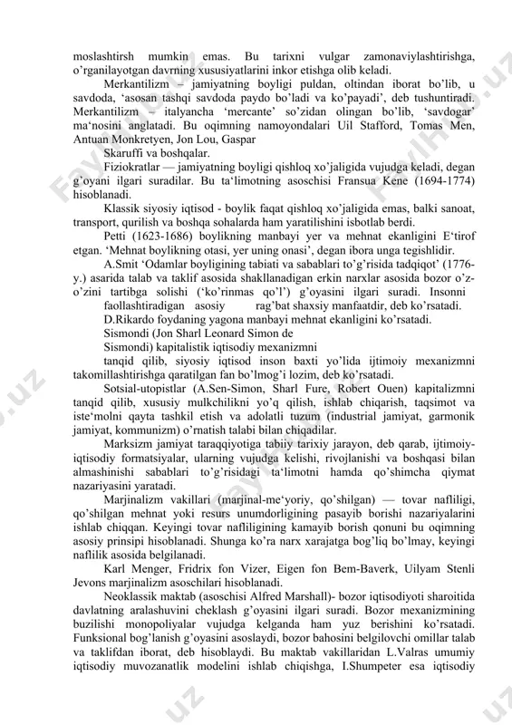 i g’oyalarni shakllantirishdir. oldingi iqtisodiy nazariyalarni o’rganish ko’pincha yangi g’oyalarni yaratishga undaydi. ba‘zan nazariyalar o’tmishda yo’qolib ketadi va kelajakka yetib bormaydi yoki ular ma‘lum vaziyatlargagina bog’liq bo’lib qolishadi. 1815-yillarda renta va unumdorlikning pasayib borishi tuhunchalarining rivojlantirilishi bunga yaxshi misol bo’ladi. ya‘ni renta va unumdorlikning pasayib borishi tuhunchalari 1890-yillargacha ishlab chiqarish omillariga tatbiq etilmaguncha faqatgina yerga nisbatan ishlatilgan. shunday qilib, zamonaviy ortodoksal iqtisodning yuzaga kelishini o’rganish orqali ortodoksal g’oyalardan farqli bo’lgan, lekin hozirgi kun iqtisodiy nazariyalar mazmunining shakllanishiga yordam bergan g’oyalarni esdan chiqarmagan holda, iqtisodiy ta‘limotlar tarixini o’rganishimiz lozim. iqtisodiy nazariyalarning ko’lami va mazmuniga qo’shimcha ravishda o’sha davrdagi iqtisodiy vaziyat o’rtasidagi bog’liqlikka ham e‘tibor qaratishimiz zarur. nazariyalardan kelib chiquvchi umumiy xulosalar hamda alohida olingan g’oyalarning rivojlanishi orqali iqtisodiy va ijtimoiy siyosatni shakllantirishdagi ahamiyatini ko’rsatib o’tishimiz zarur . 2. iqtisodiy ta’limotlar tarixini o’rganishda davrlash tizimidan foydalanish. taniqli iqtisodchi olim j.k.gelbreyt: ‘amalda iqtisodiy g’oyalar o’z davri va vujudga kelish joyining mahsuli bo’lib, ular …