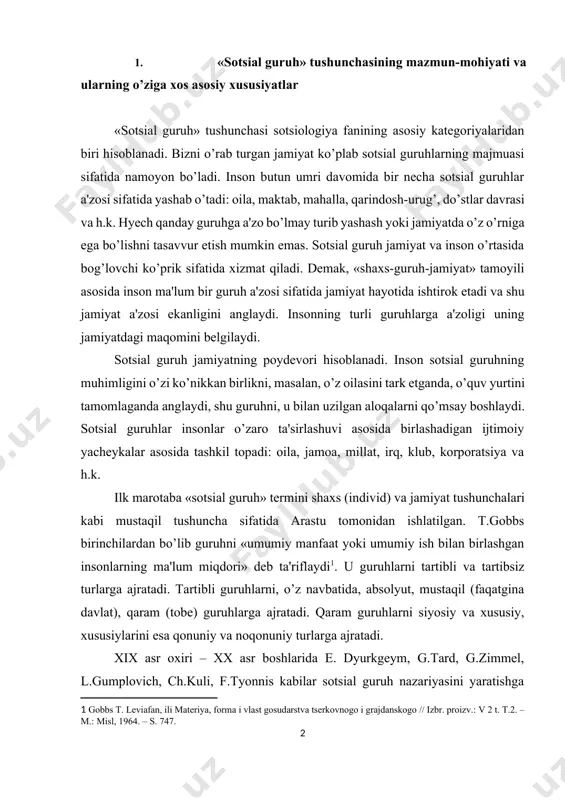 ’quv yurtini tamomlaganda anglaydi, shu guruhni, u bilan uzilgan aloqalarni qo’msay boshlaydi. sotsial guruhlar insonlar o’zaro ta'sirlashuvi asosida birlashadigan ijtimoiy yacheykalar asosida tashkil topadi: oila, jamoa, millat, irq, klub, korporatsiya va h.k. ilk marotaba «sotsial guruh» termini shaxs (individ) va jamiyat tushunchalari kabi mustaqil tushuncha sifatida arastu tomonidan ishlatilgan. t.gobbs birinchilardan bo’lib guruhni «umumiy manfaat yoki umumiy ish bilan birlashgan insonlarning ma'lum miqdori» deb ta'riflaydi[footnoteref:1]. u guruhlarni tartibli va tartibsiz turlarga ajratadi. tartibli guruhlarni, o’z navbatida, absolyut, mustaqil (faqatgina davlat), qaram (tobe) guruhlarga ajratadi. qaram guruhlarni siyosiy va xususiy, xususiylarini esa qonuniy va noqonuniy turlarga ajratadi. [1: gobbs t. leviаfаn, ili mаteriya, formа i vlаst gosudаrstvа tserkovnogo i grаjdаnskogo // izbr. proizv.: v 2 t. t.2. – m.: misl, 1964. – s. 747.] xix asr oxiri – xx asr boshlarida e. dyurkgeym, g.tard, g.zimmel, l.gumplovich, ch.kuli, f.tyonnis kabilar sotsial guruh nazariyasini yaratishga urindilar. xix asrning oxirgi 30 yilligida sotsial jamoa …