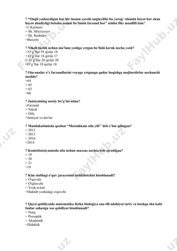 nt, sotsiometriya; =komleks, longityud, taqqoslash; =sotsiometriya va faoliyat mahsulini o‘rganish; =uzunasiga va ko‘ndalangiga kesim. ?yosh psixologiyasining asosiy metodlari qaysilar? =anketa, test; +kuzatish, eksperiment; =longityud, ko‘ndalangiga kesim; =sotsiometriya, suhbat. ?yosh psixologiyasining yordamchi metodlari qaysilar? =test, anketa, kuzatish, sotsiometriya, faoliyat natijalarini o'rganish; =test, anketa, suhbat, eksperiment, faoliyat natijalarini o‘rganish; +test, anketa, suhbat, sotsiometriya, faoliyat natijalarini o‘rganish; =test, anketa, korrelyatsiya, sotsiometriya, faoliyat natijalarini o‘rganish. ?b.g. ananyev psixologiya metodlarini qanday guruhlarga bo‘lgan? +tashkiliy, empirik, ma’lumotlarni qayta ishlash, sharhlash metodlari; =intellektual, korreksion, ma’lumotlarni qayta ishlash, sharhlash metodlari; =test, anketa, korrelyatsiya, sotsiometriya, faoliyat natijalarini o‘rganish metodlari; =proyektiv, diagnostik, ma’lumotlarni qayta ishlash, sharhlash metodlari ?psixologik-pedagogik eksperiment quyidagi qismlardan iborat. =pilotaj, longityud eksperimentlar; =laboratoriya, tabiiy eksperiment; +aniqlovchi, shakllantiruvchi, nazorat eksperimentlari; =ta’kidlovchi, tasdiqlovchi, tormozlovchi eksperimentlar. ?yosh psixologiyasi alohida predmet sifatida qaysi davrda vujudga kelgan? =xx asrning boshlarida; +xix asrning boshlarida; =xiv asrning boshlarida; =xix asrning o‘rtalarida. ?≪pedagogika masalalarini va ular bilan bog’liq bo’lgan psixologik, fiziologik muammolarni ijobiy hal etishda …