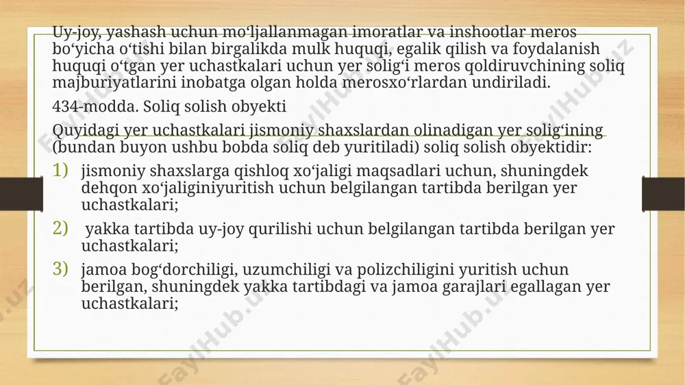 igan energiya manbalaridan foydalanuvchi shaxslar — qayta tiklanadigan energiya manbalari o‘rnatilgan oydan e’tiboran uch yil muddatga. mazkur imtiyoz energiya resurslarining amaldagi tarmoqlaridan to‘liq uzib qo‘yilgan holda qayta tiklanadigan energiya manbalaridan foydalanish to‘g‘risida energiya ta’minoti tashkilotlari tomonidan berilgan ma’lumotnoma asosida beriladi. respublika hududlari 1 kv. m uchun bazaviy soliq stavkasi (so‘mda) toshkent shahri: 1 zona 1 577 2 zona 1 337 3 zona 1 096 qoraqalpog‘iston respublikasi 320 andijon viloyati 394 buxoro viloyati 320 jizzax viloyati 320 qashqadaryo viloyati 320 navoiy viloyati 320 namangan viloyati 394 samarqand viloyati 394 surxondaryo viloyati 300 soliq stavkalarini aniq miqdori quyidagi tartibda belgilanadi: qoraqalpog‘iston respublikasi jo‘qorg‘i kengesi va viloyatlar xalq deputatlari kengashlari 0,5 dan 2,0 gacha bo‘lgan kamaytiruvchi va oshiruvchi koeffitsiyentlarni qo‘llagan holda, ushbu moddaning birinchi qismida belgilangan bazaviy soliq stavkalari asosida qishloq xo‘jaligiga mo‘ljallanmagan yerlar uchun tuman va shaharlar kesimida ularning iqtisodiy rivojlanishiga qarab, soliq stavkalarini belgilaydi; tumanlar va shaharlar xalq deputatlari kengashlari ushbu …