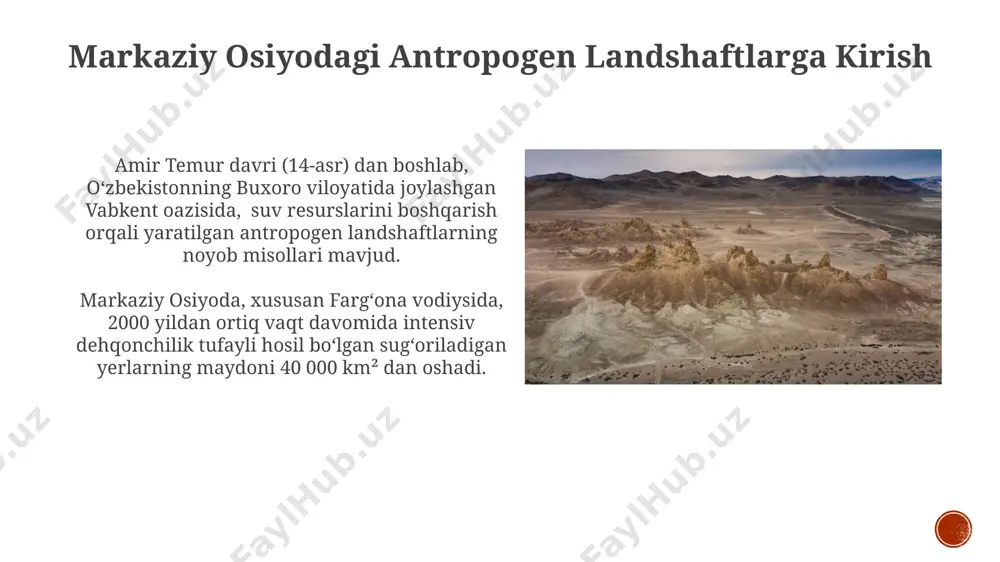 ʻlgan, bu esa 20 million gektardan ortiq yer maydonining choʻlga aylanishiga olib keldi. qozogʻistonning shimoliy hududlarida, masalan, qoʻstanay viloyatida, chorvachilikning oʻta intensivligi tuproqning 30% gacha eroziyasiga va 15% unumdorligining pasayishiga olib kelgan. sanoatning landshaftga taʼsiri qozogʻistondagi temirtau shahri atrofida temir yoʻl va kon sanoati faoliyati natijasida 50 km² dan ortiq hudud antropogenik oʻzgarishlarga uchrab, landshaftning oʻziga xos xususiyatlarini oʻzgartirdi. oʻzbekistonning fargʻona vodiysida 20-asrning ikkinchi yarmida paxta yetishtirish uchun 100 000 gektardan ortiq yerlar sugʻorilib, intensiv sanoatlashgan qishloq xoʻjaligi landshaftlarini shakllantirdi. transport infrastrukturasining rolini oʻrganish oʻzbekistonning buxoro va samarqand kabi shaharlarida 15-asrda qurilgan tarixiy karvonsaroylarning qayta taʼmirlanishi, zamonaviy avtomobil va temir yoʻl yoʻnalishlariga yaqinligi tufayli, transport infratuzilmasining rivojlanishiga ham taʼsir koʻrsatdi. markaziy osiyodagi 1000 kilometrdan ortiq uzunlikdagi buyuk ipak yoʻlining qayta tiklangan qismlari mintaqadagi transport infratuzilmasining rivojlanishiga sezilarli hissa qoʻshdi, bu esa savdo va turizmni kuchaytirdi. tojikistondagi togʻli hududlarning oʻzgarishi xatlon viloyatining janubiy qismidagi archa oʻrmonlarining kesilishi, 1990-yillardan beri 15% ga …
