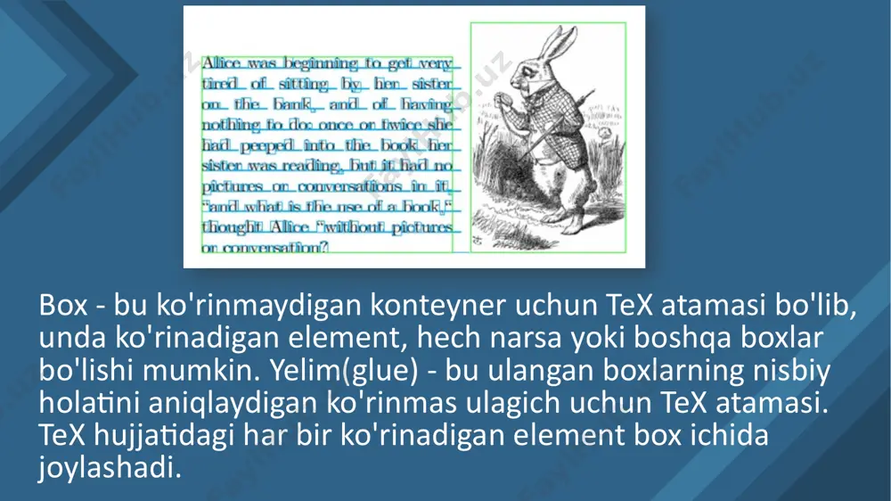 a muhitlardan foydalana olmaysiz, minipageda bir nechta paragraflar va deyarli hamma narsa bo'lishi mumkin. paragraflarni o'z ichiga olmagan bloklarga joylashtirish uchun siz minipage, \parbox va \pbox -dan foydalanishingiz mumkin. masalan: pos parametri bo'yicha maxsus eslatmalar contentpos yo'q bo'lsa yoki pos ga teng bo'lsa va istalgan vaqtda pos= center bo'lganda pos alignment parametri \parbox chegaralariga ishora qilmaydi! ushbu holatlarning har qandayida tekislash parametri paragraf maydonini tekislash uchun \parbox ichidagi matnning qaysi qatoridan foydalanishni tanlaydi. \parbox shunday joylashtirilganki, tanlangan matn satrining asosiy chizig'i \parbox yopishtirilgan boxning asosiy chizig'iga to'g'ri keladi. shunday qilib, agar pos tepaga o'rnatilgan bo'lsa, \parbox-dagi matnning yuqori satrining asosiy chizig'i \parbox tashqarisidagi asosiy chiziqqa to'g'ri keladi. matnning faqat bitta satriga ega boʻlgan parboxning alohida holatida, oʻsha bitta va yagona satr bir vaqtning oʻzida matnning yuqori, pastki va oʻrta qatorlari boʻladi va qoʻshimcha matn qoʻshilmasa, posni oʻzgartirish hech qanday yordam bermaydi. agar contentpos mavjud boʻlsa va pos bilan bir xil …