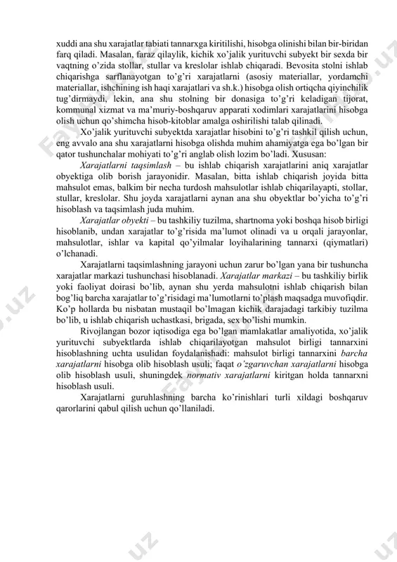 lab olish lozim bo’ladi. xususan: xarajatlarni taqsimlash – bu ishlab chiqarish xarajatlarini aniq xarajatlar obyektiga olib borish jarayonidir. masalan, bitta ishlab chiqarish joyida bitta mahsulot emas, balkim bir necha turdosh mahsulotlar ishlab chiqarilayapti, stollar, stullar, kreslolar. shu joyda xarajatlarni aynan ana shu obyektlar bo’yicha to’g’ri hisoblash va taqsimlash juda muhim. xarajatlar obyekti – bu tashkiliy tuzilma, shartnoma yoki boshqa hisob birligi hisoblanib, undan xarajatlar to’g’risida ma’lumot olinadi va u orqali jarayonlar, mahsulotlar, ishlar va kapital qo’yilmalar loyihalarining tannarxi (qiymatlari) o’lchanadi. xarajatlarni taqsimlashning jarayoni uchun zarur bo’lgan yana bir tushuncha xarajatlar markazi tushunchasi hisoblanadi. xarajatlar markazi – bu tashkiliy birlik yoki faoliyat doirasi bo’lib, aynan shu yerda mahsulotni ishlab chiqarish bilan bog’liq barcha xarajatlar to’g’risidagi ma’lumotlarni to’plash maqsadga muvofiqdir. ko’p hollarda bu nisbatan mustaqil bo’lmagan kichik darajadagi tarkibiy tuzilma bo’lib, u ishlab chiqarish uchastkasi, brigada, sex bo’lishi mumkin. rivojlangan bozor iqtisodiga ega bo’lgan mamlakatlar amaliyotida, xo’jalik yurituvchi subyektlarda ishlab chiqarilayotgan mahsulot …