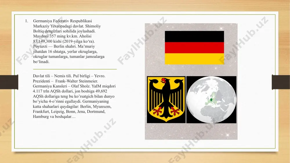 osabatlari — germaniya bilan oʻzbekiston respublikasi oʻrtasida rasmiy munosabatlar 1992-yildan boshlangan boʻlsa ham, ikki davlat oʻrtasidagi aloqalar uzoq davrga borib takaladi. 20-asr boshlarida oʻzbek chevarlari orasida nemislarning „zinger“ tikuv mashinasi nihoyatda mashhur boʻlgan. oʻzbekiston mustaqillikka eryshgach, ikki mamlakat oʻrtasida teng huquqli munosabat oʻrnatildi. oʻzbekistonning gʻarbiy yevropadagi birinchi elchixonasi 1993-yil bonn shahrida ochildi. oʻsha paytdanoq oʻzaro aloqalar, delegatsiyalarning tashriflari yoʻlga qoʻyildi. germaniya federal iqtisodiy hamkorlik vazirining 1992-yil avgustdagi rasmiy tashrifi ikki tomonlama munosabatlarni rivojlantirish uchun asos yaratdi. oʻzbekiston respublikasi prezidenti islom karimovning 1993-yil aprelda germaniyaga qilgan tashrifi oʻzaro savdo-iqtisodiy munosabatlarga muhim omil baxsh etgan burilish voqeasi boʻldi. ushbu tashrif yakunida imzolangan „kapital qoʻyilmalarni amalga oshirishga koʻmaklashish va ularni oʻzaro himoyalash toʻgʻrisida“ shartnoma, „ilmiy tadqiqot va mutaxassislar jamgʻarmasini vujudga keltirish“ hamda „madaniy hamkorlik“ toʻgʻrisida bitimlar ikki davlat oʻrtasidagi munosabatlarning huquqiy asosini belgilab berdi. o'zbekiston prezidenti shavkat mirziyoyev 28-30-sentabr kunlari amaliy tashrif bilan germaniyada bo'ldi. so'nggi yillarda o'zbekiston-germaniya ikki tomonlama hamkorligi yangi sur'atlarga …