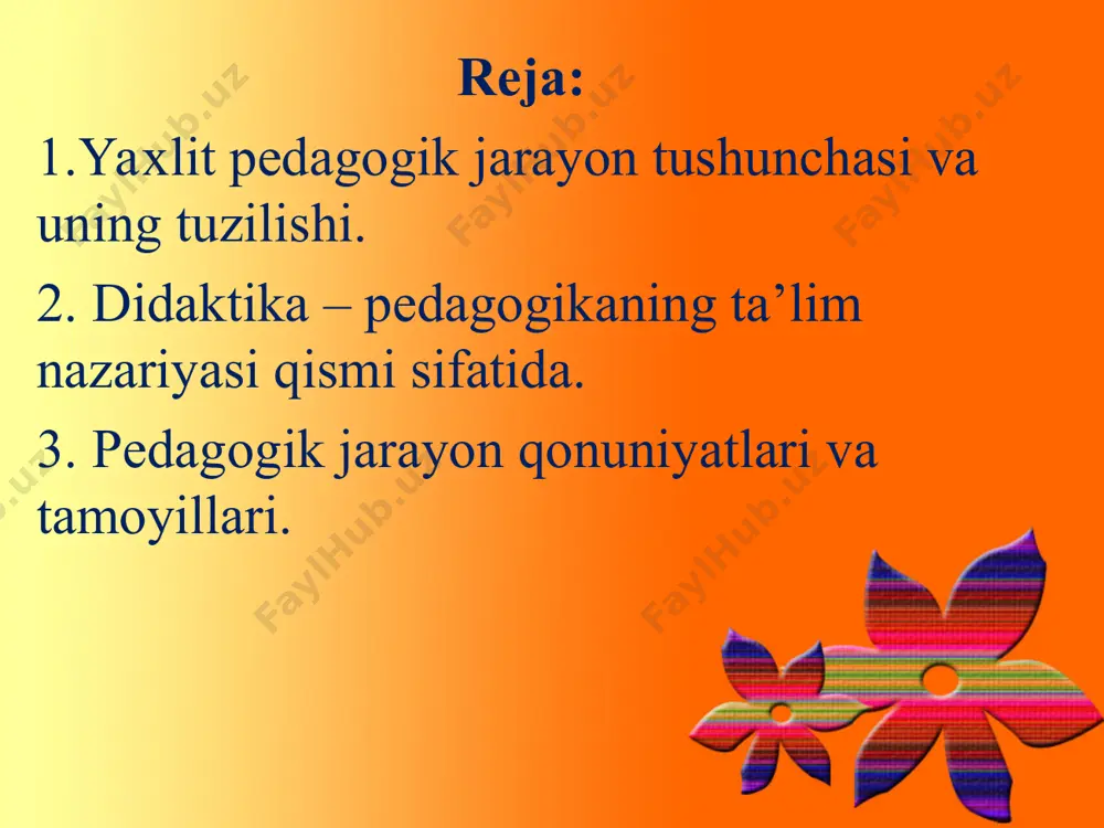 qonuniyatlari, pedagogning ijodkorligi va ta’lim oluvchilarning yosh xususiyatlari bilan bog‘liq o‘zgarishlari dinamikasiga asoslanadi. u pedagogikaning tashkilotchilik, konstruktiv, kommunikativ, muloqot va boshqaruv uslublarini qamrab oladi. o‘quv-tarbiya jarayoninig asosiy xususiyati – yagonalik, undagi barcha tarkibiy qismlarning uzviyligi va yaxlitligi. yaxlitlik asosiga ta’lim-tarbiya va rivojlanish birligini ta’minlash pedagogik jarayon mohiyatini tashkil etadi. pedagogik jarayon – ko‘plab jarayonlarning ichki aloqadorligi yig‘indisidir. unda o‘qitish, ta’lim-tarbiya, shaxsni shakllanishi va rivojlanishi jarayonlari birlashadi. pedagogik jarayonni murakkab ichki munosabatlari: -uni tashkil etuvchi jarayonlarni birligi va mustaqilligi; -undagi jarayonlarni yaxlitligi va teng huquqliligi; -umumiy mavjudlik va o‘ziga xoslikni saqlashda namoyon bo‘ladi. pedagogik jarayonda ishtirok etadigan tizim tarkibiy qismlariga quyidagilar kiradi: -pedagoglar; -tarbiyalanuvchilar; -tarbiyaviy shart-sharoitlar. didaktika (ta’lim nazariyasi, yunoncha didaktikos «o‘rgatuvchi», didasko «o‘rganuvchi») ta’limning nazariy jihatlari, ta’lim jarayonining mohiyati, tamoyillari, qonuniyatlari, o‘qituvchi va o‘quvchi faoliyatlari, ta’limning maqsadi, mazmuni, shakl, metod, vositalari, natijasi, ta’lim jarayonini takomillashtirish yo‘llari va hokazo muammolarni tadqiq etadi. bu tushunchani yan amos komenskiy (1592-1670) “buyuk didaktika” nomli …