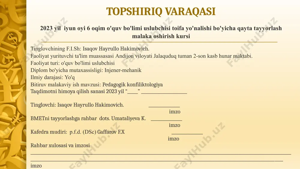 . shu bilan birga yoshlarga hayotdagi konfliktlar bo`yicha keng nazariy va amaliy bilimlar berish orqali yoshlarni jamiyatda mustaqil va faol fuqaro sifatidagi ishtiroki uchun zamin yaratish, boshqa insonlar bilan tabiiy bo`lgan turli ijtimoiy, iqtisodiy, ma`naviy-ruhiy, psixologik muloqotlarda ular ongi, tafakkuri va axloqida kamtarlik, mehribonlik, halollik, samimiylik, to`g`riso`zlik, vijdoniylik, o`z so`zida turish kabi xislatlarni shakllantirishdan iborat. bitiruv malakaviy ishning vazifalari: - gumanitar fanlar sohasi sifatida uning ob`ekti va predmetidagi izlanish va asosiy kategoriyalari haqida talabalarda tasavvurlarni shakllantirish; - pedagogik faoliyatning insonparvarlikka yo`naltirilganligini ochib berish; - konfliktlarni bartaraf etish va oldini olish, echimini topishning asosiy shakl va usullarini egallash; - pedagogik konfliktning qonuniyatlari va omillari haqida to`liq tasavvurni shakllantirish; - pedagogik konfliktli vaziyatlarni tahlil qilish va tushunish, umumiy ilmiy yondashishni aniqlay bilishdan iboratdir. professional ta'lim tizimini ilg'or xorijiy tajribalar asosida takomillashtirish, boshlang'ich, o'rta va o'rta maxsus professional ta'lim bosqichlarini joriy qilish orqali mehnat bozori uchun malakali va raqobatbardosh kadrlar tayyorlash hamda mazkur …
