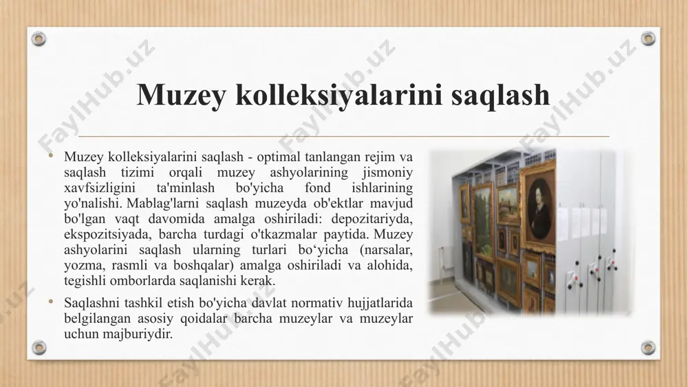 ga majbur. muzey fondlarini saqlash muzey fondlarini saqlash, muzey ashyolarining jismoniy xavfsizligini ta'minlashga qaratilgan tadbirlar. depozitariyda va muzey ekspozitsiyasida joylashgan muzey fondlarining maksimal saqlanishi xavfsizlik tizimi, optimal tanlangan rejim (harorat, namlik va yorug'lik sharoitlari, havoning ifloslanishiga qarshi kurash vositalari majmuasi va boshqalar) va saqlash tizimi bilan ta'minlanadi. . saqlashni tashkil etish bo'yicha davlat normativ hujjatlarida belgilangan asosiy qoidalar barcha muzeylar uchun majburiydir. muzey boyliklarining saqlanishini mablag'larni saqlashning vazifalari muzey boyliklarining saqlanishini ta'minlash, ularni yo'q qilish, shikastlanish va o'g'irlashdan himoya qilish, shuningdek, kolleksiyalarni o'rganish va namoyish qilish uchun qulay shart-sharoitlarni yaratishdan iborat. mablag'larni saqlash depozitariyda, ekspozitsiyada, ob'ektning muzey ichida va undan tashqarida har xil harakatlanishi paytida amalga oshiriladi. pul mablag'larini saqlashni tashkil etishning asosiy qoidalari milliy standartlar bilan belgilanadi, ularga rioya qilish mamlakatdagi barcha muzeylar uchun majburiydir. biroq, har bir muzeyning fondlari o'ziga xos xususiyatlarga ega, shuning uchun asosiy me'yoriy hujjatlarga qo'shimcha ravishda, muzeylar ichki foydalanish uchun mablag'larni saqlash bo'yicha ko'rsatmalar …