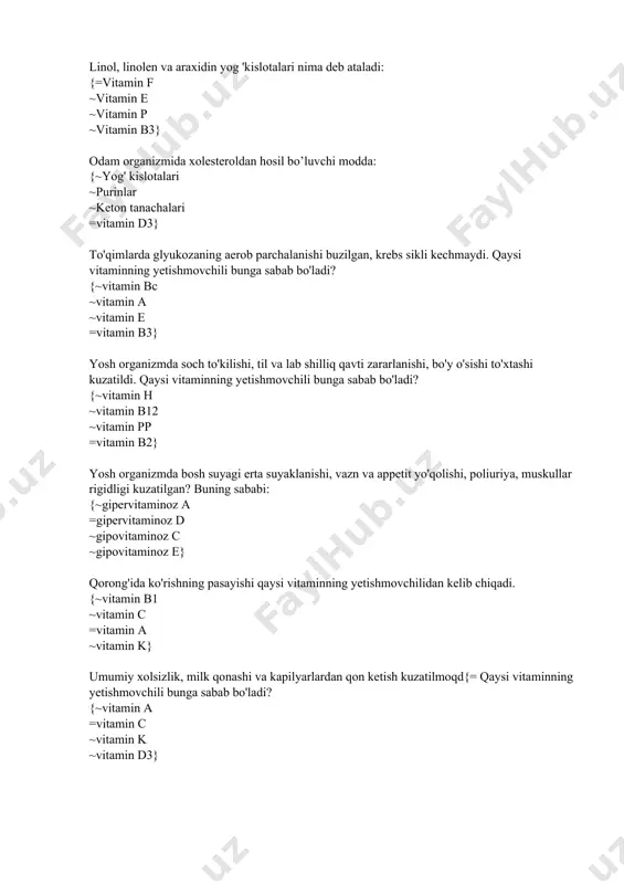 g’liq: {~allosterik markaziga ~ferment molekulasining butun yuzasiga =aktiv markazning katalitik qismiga ~substrat bilan bog’lanuvchi markaziga} fermentlardan oksidoreduktazalar sinfi qanday reyaksiyalarni katalizlaydi: {=oksidlanish-qaytarilish ~molekulalararo atom va radikal guruhlar tashilishi ~molekulalarni suv yordamida parchalash ~qo’sh bog’li guruhlani biriktirish} transferazalar qanday reyaksiyalarni katalizlaydi: {=molekulalararo atom va radikal guruhlar tashilishi ~oksidlanish-qaytarilish ~molekulalarni suv yordamida parchalash ~qo’sh bog’li guruhlani biriktirish} gidrolazalar qanday reyaksiyalarni katalizlaydilar. {~qo’sh bog’li guruhlani biriktirish =molekulalarni suv yordamida parchalash ~molekulalararo atom va radikal guruhlar tashilishi ~oksidlanish-qaytarilish} liazalar qanday reyaksiyalarni katalizlaydilar: {~oksidlanish-qaytarilish =qo’shbog’li guruhlarni biriktiradilar ~molekulalararo atom va radikal guruhlar tashilishi ~molekulalarni suv yordamida parchalash} ligazalar qanday reyaksiyalarni katalizlaydilar: {=atf sarfi bilan yangi bog’ hosil hosil qilish ~guruhlarni tashish ~ichki molekulyar bog’larni parchalash ~qo’shbog’li guruhlarni biriktirish} ca va p almashinuvini tartibga soluvchi gormon: {=paratgarmon ~mineralokortikoidlar ~aldosteron ~vasopressin} peptid tabiatli gormonlar: {=insulin ~tiroksin ~adrenalin ~kortizol} steroid tabiatli garmonlar: {=estradiol ~oksitotsin ~insulin ~tiroksin} to’qima nishoni - bu: {=gormon ~gormon hosil qiluvchi to’qima ~to’qimani buzuvchi ~gormon …