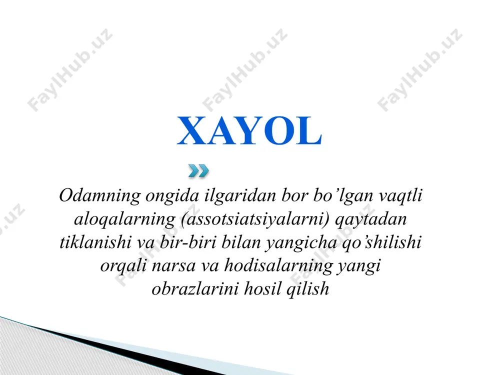 ayoli ijodiy xayol ixtiyorsiz xayol odam o’zining oldiga hech qanday maqsad qo’ymasdan, irodani ishga solmasdan, qandaydir o’z-o’ziga obraz va tasavvurlarni yaratishiga aytiladi. xayol turlari tasavvur xayoli ijodiy xayol ixtiyorsiz xayol ixtiyoriy xayol oldindan belgilangan maqsad asosida iroda kuchini ishga solib muayyan obraz va tasavvurlarni yaratishga aytiladi. xayol turlari tasavvur xayoli ijodiy xayol ixtiyorsiz xayol ixtiyoriy xayol realistik xayol voqelik aks ettiriladi, orzular amalga oshadi. xayol turlari tasavvur xayoli ijodiy xayol ixtiyorsiz xayol ixtiyoriy xayol realistik xayol fantastik xayol amalga oshmaydigan xayol kishilarning xayoli kengligi, mazmundorligi, kuchi va realligi, fantaziya boyligi jihatidan farq qiladi. xayol sifatlari xayol kengligi voqelikning kishilar faoliyati uchun bo’ladigan doirasi bilan belgilanadi. xayolning unumdorligi biror narsaga nisbatan xayolning boyligi, xilma-xilligi bilan belgilanadi. xayol kuchi kuchsiz va kuchli bo’ladi. kuchli xayolda odam juda tez ta’sirlanadi. qiziqish kuchli bo’lsa, xayol ham kuchli bo’ladi. xayol kuchi: ehtiyoj, qiziqish, istaklar hissiyot idrok ahvoli, asab tizimi xayolning realligi - voqelikni to’g’ri aks …