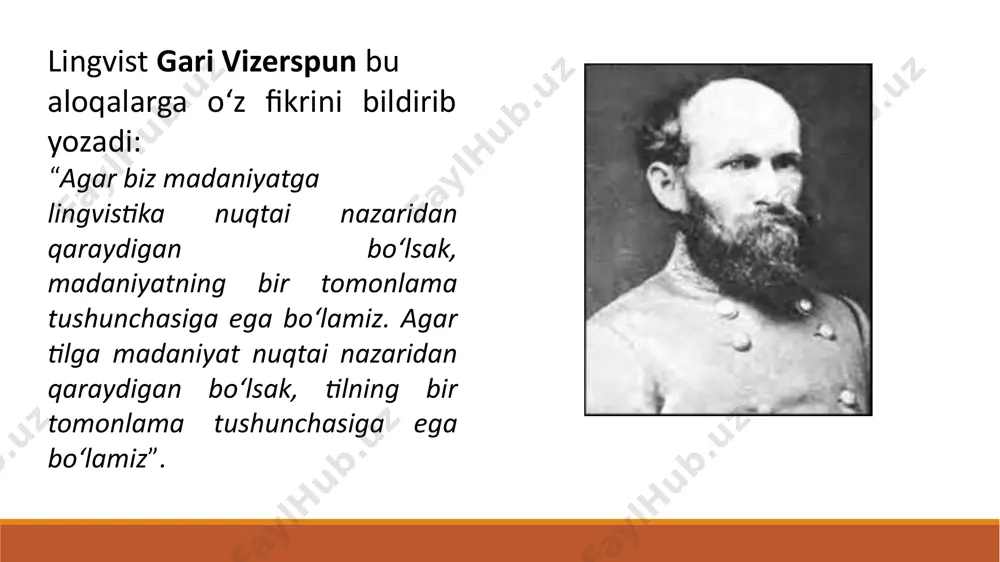 ri to‘g ‘ri tavsiflanishiga ko‘ra adabiy tarjima qilinadi. shu sababdan “treasury” - moliya vazirligi; “home office” - ichki ishlar vazirligi; adolat qo‘riqchisi yoki himoya vazirligi, milliy havfsizlik vazirligi, va h.o tarjima qilishda eng katta muammo madaniyatlar o‘rtasidagi farqlarni ajratishdir. muayyan madaniyatga mansub aholi biror narsaga o‘z dunyoqarashidan kelib chiqib qaraydi. bir-biriga ekvivalentdek ko‘rinadigan so‘zlar aslida ekvivalent bo‘lmasliklari mumkin. masalan, “cho‘chqa” so‘zi o‘zbek tilida ma’lum darajada salbiy bo‘yoqqa ega. ammo “pig” amerikada bu so'z neytral ma’noda qo‘llanadi. agar kimdir afrika madaniyatiga oid ijtimoiy fan haqidagi kitobni tarjima qilayotgan bo‘isa, bunda ko‘p hollarda unga ekvivalent topish qiyin bo’ladi. hujjatlarni qadimgi eskimos tiliga qorni hech qachon ko‘rmagan, sahroda yashovchi arab tilidan tarjima qilish qiyin. amerikada “qo‘y” so‘zini - o‘ylamasdan ish qiladigan, kamgap, bosiq insonlarga nisbatan qo’llashadi. o‘zbekistonda “paxta” so‘zi ko‘p qo’llanadi, ammo bu so‘z buyuk britaniyada paxta o‘stirilmagani bois qo’llanilmaydi. so‘zlar munosabat va tuyg‘ularni ifodalaydi. masalan: “ona” so‘zi ko‘pgina insonlar uchun ijobiy ma’noga …