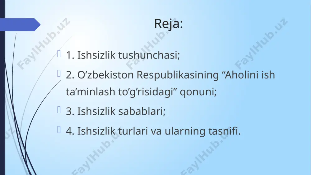 30, 31-moddalarda ma’lum bir toifadagi ishsizlarga ma’lum bir miqdorda to’lanadigan nafaqalar ham belgilab qo’yilgan. 3. ishsizlik sabablari ishsizlikning uchta asosiy sababi bor: ishdan bo'shatish; ishdan ixtiyoriy ravishda voz kechish; mehnat bozoriga birinchi kirish. 4. ishsizlik turlari va ularning tasnifi. friksion (oraliq) ishsizlik – bir ishdan boshqa ishga joylashgunga qadar bo’lgan davrdagi ishsizlik. tarkibiy ishsizlik – yangi kasb va mutaxassislik o’zlashtirib yoki boshqa joyga ko’chib o’tib, yangi ishga joylashgunga qadar bo’lgan ishsizlik. siklik ishsizlik – iqtisodiy siklningning inqiroz fazasi bilam bog’liq bo’lib, u ishlab chiqarishning pasayishi va yalpi talabning qisqarishi natijasida vujudga keladi va siklning yuksalish fazasida mavjud bo’lmaydi. institutsional ishsizlik – ishchi kuchi bozori infratuzilmasi muassasalarining yetarli darajada rivojlanmaganligi yoki samarali faoliyat ko’rsatmaganligi natijasida paydo bo’ladi. texnologik ishsizlik – ishlab chiqarish jarayonida texnologik usullarning kirib kelishi bilan bog’liq bo’ladi. hududiy ishsizlik – muayyan hududdagi tarixiy, demografik, madaniy, milliy va ijtimoiy-ruhiy xususiyatdagi bir qator kompleks omillar ta’siri ostida ishchi kuchi talabi …