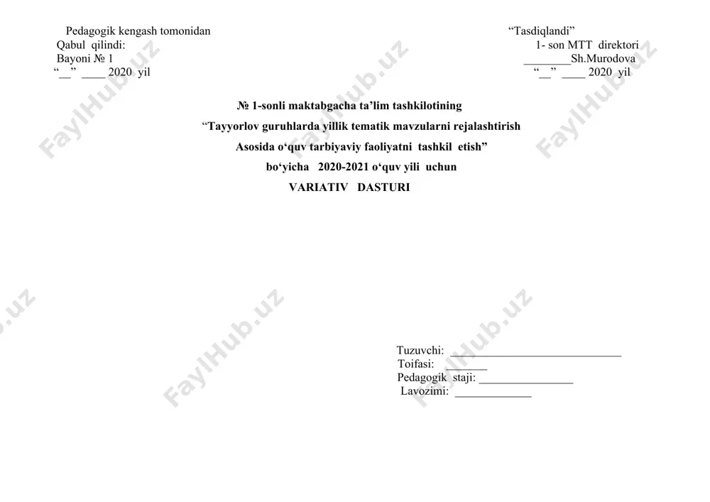 mkoniyatlari, faolligivaijodkorligiasosidata’limjarayonigailg‘orpedogogiktexnalogiyalarni qo‘llash vamavzuni ochib berish xamda o‘z maqsadiga erishishda turli metodlardan foydalanish usullariko‘rsatibo‘tilgan. dasturningilovalarbo‘limidadasturnixaftalikishrejanamunasiningxarbirustunihaqidabatafsil ma’lumotlar va tushuntirishlarberilgan. mundarija: 1. titulvarog‘i....................................................................................................................................................2-bet 2. annotatsiya........................................................................................................................................................3-bet 3. mundarija ......................................................................................................................................................4-bet 4. maqsadlibo‘lim .............................................................................................................................................5-bet 5. mazmunlibo‘lim ............................................................................................................................................7-bet 6. tashkiliybo‘lim ............................................................................................................................................8-bet 7. frantalta’limiyo‘yinlifaoliyatvafaollikmarkazlaridagifaoliyatnirejalashtirish..............12-bet 8. o‘quvtarbiyaviyfaoliyatiuchuntuzilganishchio‘quvdasturiasosidaguruhlarninghaftalik ishrejasiningyaratilishi ............................................................................................................14-bet 9. tayyorlovguruxlaruchunyillikmavzuviyreja (6-7yosh).....................................................................16-bet 10. maktabgachata’limtashkilotidabolaningrivojlanishxaritasinito‘ldirilishi.......................20-bet 11. sentyabrь oyininghaftalikmavzuviyrejasi..........................................