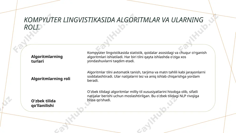 itish, o'zbek tilidagi mashinaviy tarjima sifatini oshirishga yordam beradi, bu esa foydalanuvchilar uchun qulaylik yaratadi. xulosa 01 kompyuter lingvistikasi muhimdir kompyuter lingvistikasi, tilni qayta ishlash jarayonlarida yangi imkoniyatlarni yaratish bilan birga, ilmiy tadqiqotlar uchun ham katta ahamiyatga ega. 02 o'zbek tiliga e'tibor o'zbek tilida kompyuter lingvistikasining o'ziga xos jihatlari, uning rivojlanishi va o'ziga xos qiyinchiliklariga e'tibor berish zarur. 03 kelajakdagi istiqbollar tilni qayta ishlashda sun'iy intellekt va yangi texnologiyalarni qo'llash, kompyuter lingvistikasining kelajagi uchun yangi ufqlarni ochadi. e'tiboringiz uchun rahmat!