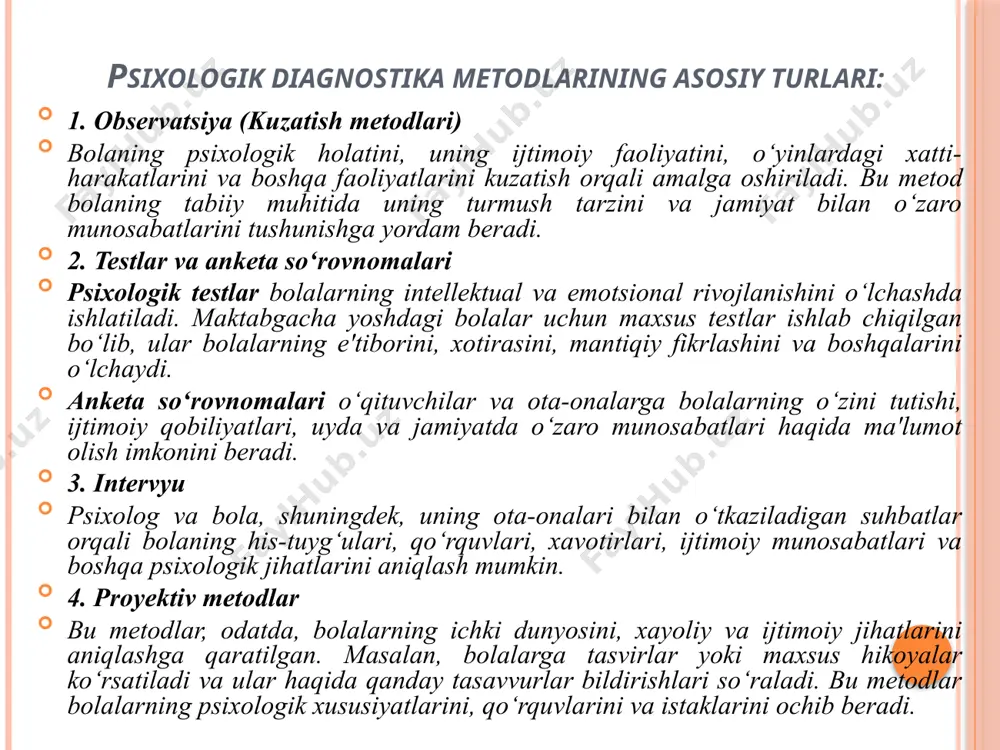 ladi, kuzatish manzili, muddati belgilanadi. kuzatish ikki turga asoslanib kuzatiladi: qisqa va uzoq muddatli kuzatish; uzoq muddatli kuzatish; qisqa kuzatish deganda-obyektning kundalik faoliyatidagi oʻzgarishlardan maʼlum xulosaga kelish tushuniladi. uzoq muddatli kuzatish esa maqsad-reja asosida olib boriladi va maʼlum ilmiy, yakuniy xulosaga kelish tushuniladi. kuzatish yakunlarini qayd qilishda kino, video yozuvi, televideniya va boshqa texnikaviy vositalardan foydalanish mumkin. kuzatishni amalga oshirayotgan tadqiqotchi kuzatilayotgan hodisalarni tez qayd eta olish mahoratiga ega boʻlishi zarur. kuzatish metodining asosiy kamchiligi shundaki, unda kuzatilayotgan hodisalarga faol taʼsir koʻrsatish, ularni oʻzgartirish kuzatish amalga oshirilgan vaziyatni xuddi shunday koʻrinishda qaytadan yaratish imkonidir. shunga qaramay bu metod asosiy metodlardan biri hisoblanadi. maktabgacha yoshdagi bolalar psixodiagnostikasida suhbat va test metodlari. maktabgacha yoshdagi bolalar psixodiagnostikasida suhbat metodidan keng foydalaniladi. bu metodni 5-6 yoshli bolalarga nisbatan qoʻllash mumkin. bunda bolalarga turli mavzularga doir savollar beriladi. suhbat paytida bolalarga beriladigan savollar oldindan yaxshilab oʻylab olinadi. suhbat jarayonida javoblarni yozib olib, keyinchalik javoblarni tahlil …