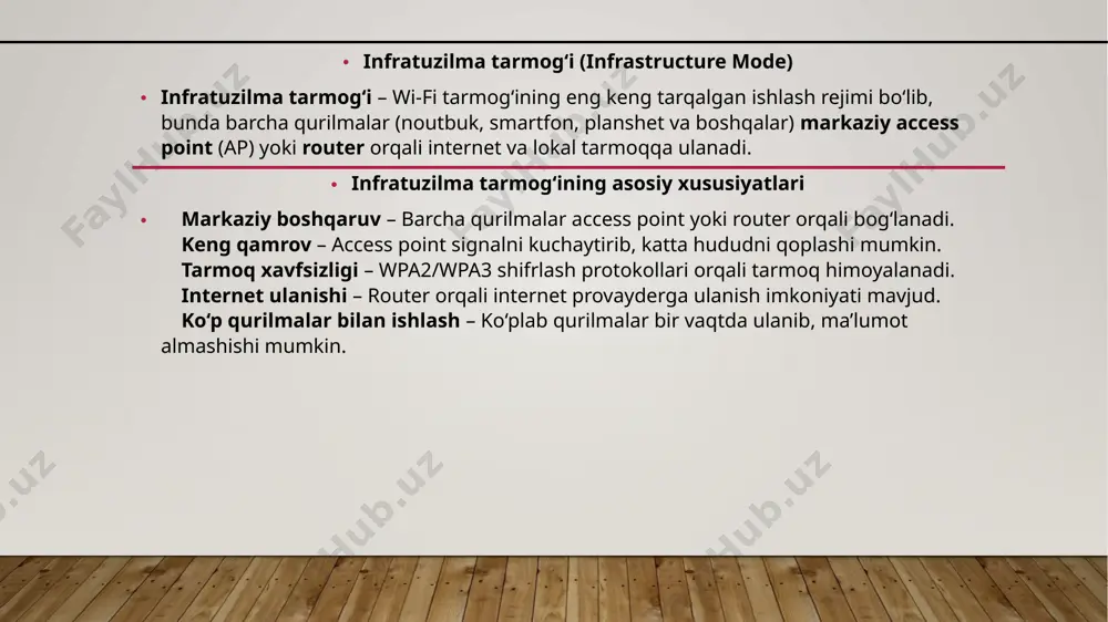 arkazlari va mehmonxonalarda wi-fi signali barqaror va uzluksiz bo‘lishi uchun mesh tizimi o‘rnatiladi. mesh tarmoqlarda har bir tugun router bilan bog‘langan bo‘lib, internetni bir maromda uzatadi. agar bir tugun ishlamay qolsa, boshqa tugunlar ma’lumotni muqobil yo‘nalish orqali yetkazib beradi. afzalliklari – keng qamrov, barqaror ulanish, signal uzluksizligi va avtomatik optimizatsiya. kamchiliklari – narxi yuqoriligi va sozlashning murakkabligi. agar katta hududda kuchli va barqaror wi-fi tarmog‘i kerak bo‘lsa, mesh tarmoq eng yaxshi yechim bo‘lib, oddiy routerlardan yaxshiroq ishlaydi. wi-fi standartlari wi-fi texnologiyasi ieee 802.11 standartlariga asoslanadi: 802.11a (5 ghz, 54 mbps) 802.11b (2.4 ghz, 11 mbps) 802.11g (2.4 ghz, 54 mbps) 802.11n (wi-fi 4) (2.4 ghz & 5 ghz, 600 mbps gacha) 802.11ac (wi-fi 5) (5 ghz, 1.3 gbps gacha) 802.11ax (wi-fi 6/6e) (2.4 ghz, 5 ghz va 6 ghz, 9.6 gbps gacha) wi-fi xavfsizligi – bu simsiz tarmoqni ruxsatsiz kirish va xakerlik hujumlaridan himoya qilish uchun qo‘llaniladigan usullar to‘plami. agar …