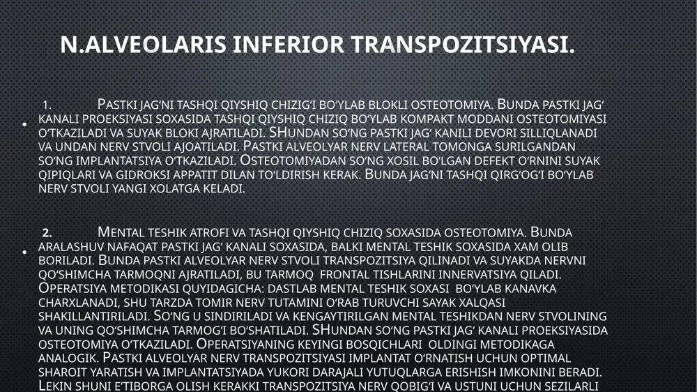 mon qirrasidan hosil qilingan autotransplantat sim yoki mini-plastina va shtiftlar yordamida suyak choki bilan mahkamlanadi. shu bilan birga, ushbu usul pastki jag‘ sinishini oldini olishga yordam bergani bilan, boshqa tomondan protezlash sharoitlarini yaxshilamaydi. pastki jag‘ plastikasining turli usullari yoritib o‘tilgan. ulardan biriga asosan, pastki jag‘ shunday arralanadiki, uning oral qismi yaqin atrofdagi til osti to‘qimalari bilan qoladi, vestibulyar qismi esa pastga tushadi. qolgan shilliq-suyak usti bo‘shlig‘i gidroksilapatit, yonbosh suyakning taroqsimon qirrasining maydalangan autosuyagi bilan to‘ldiriladi. suyakni gorizontal arralab, uning yuqorigi qismini yuqoriga ko‘tarib, o‘rta bo‘shliqni maydalangan autosuyak, allosuyak, gidroksilapatit bilan to‘ldirish yo‘li orqali pastki jag‘ni kattalashtirish mumkin. suyakni tiklashning eng odddiy usuli bu gidroksilapatitni qo‘llanishidir. pastki jag‘ alveolyar qismining sezilarli darajadagi atrofiyasida yoy bo‘yicha qoziq tishga mos ravishda shilliq qavatning simmetrik kesimlari amalga oshiriladi. suyak usti pardasining ostidan jag‘ tarmog‘igacha yo‘lakcha hosil qilinib, alveolyar qism va yoyning zarur bo‘lgan balandligi, kengligi va shakliga mos ravishdagi miqdorda gidroksilapatit bilan to‘ldiriladi. jarohatlar …