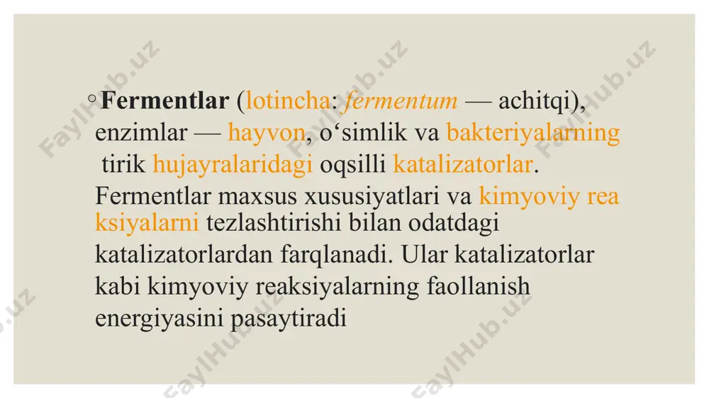 irikmalar (masalan, dori va zaharlar) bilan o`zaro ta`siri orqali yuzaga keladi hamda ular fermentlarning modifikatorlari yoki regulyatorlari deb ataladi. modifikatorlarning fermentlarga ta`siri ostida reaktsiya tezlashishi (bunday sharoitda ular aktivatorlar deyiladi) yoki sekinlashishi (bunday sharoitda ular ingibitorlar deyiladi) mumkin fermentlar faolligining boshqarilishi 3 bosqichni o`z ichiga oladi: hujayra ichki boshqarilishi (substratlar, metabolitlar, aktivatorlar, ingibitorlar, ph, harorat, allosterik fermentlar). bunday boshqarish avtomatik kechadi. gormonal boshqarilish. oqsil tabiatli gormonlar va aminokislota hosilalari hujayraviy fermentlarni adenilatsiklaza tizimi orqali, steroid gormonlar va tiroksin gen darajasida fermentlar sintezini jadallashtiradi. nerv tizimi orqali boshqarilish ingibitor atamasiga e`htiyotkorlik bilan munosabatda bo`lish ko`zda tutiladi, chunki uning tagida faqatgina ferment faolligini o`ziga hos pasaytiruvchi modda to`g`risida gap boradi. reaktsiyaning tormozlanishi faqat ingibitorga bog`liq emas. chunki istalgan denaturaciyalovchi moddalar ham fermentativ reaktsiyani pasaytirishi mumkin. denaturatsiyalovchi modda ta`siri bo`lgan holatda «ingibirlanish» emas, balki «faolsizlanishi» to`g`risida gap borsa, to`g`riroq bo`ladi. ko`pincha, moddalar kichik miqdorlarda ingibitor, ko`p miqdorda e`sa inaktivator bo`lib hisoblanadi. shuning uchun …
