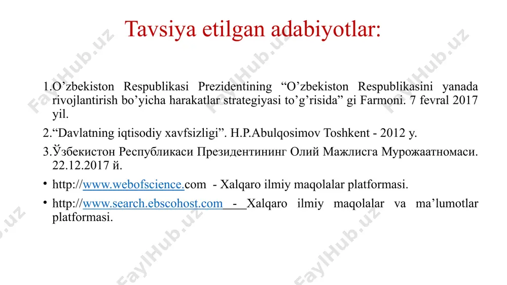 ayotgan chora-tadbirlarga tuzatishlar kiritish; 2 boshqa mamlakatlar bilan o’zaro aloqalar tizimida himoyalanishni rag’batlantirish rejimlarini ko’zda tutadigan qonunlar va me’yoriy hujjatlarni hayotga tatbiq etish orqali mamlakatning iqtisodiy suverenitetini huquqiy va siyosiy jihatdan himoyalashni ta’minlash; 3 iqtisodiyotni yuzaga keladigan muammoli vaziyatlarni tezlikda hal qilish uchun davlat boshqaruvi organlari hamda mansabdor shaxslarning huquqlari, vazifalari mas’uliyatini oqilona taqsimlash va ularning o’zaro bir o’lchamdagi faoliyatini uyg’unlashtirish. 4 7 mamlakat iqtisodiy manfaatlarini himoya qilish va xavfsizligini ta’minlash iqtisodiy xavfsizlikni ta’minlash uchun milliy iqtisodiyotning jahon hamjamiyati bilan takror ishlab chiqarish jarayonlariga to’sqinlik qilmaydigan hamda tahdidlar xavfini keskin kamaytirishga imkoniyat beradigan o’zaro uyg’unlashish sharoitlarini yaratishga intiladi. mamlakat iqtisodiy xavfsizligini ta’minlash uchun asosiy mahsulotlar bo’yicha importga bog’liqlikka barham berish, tayyor mahsulotlarni eksport qilishni kuchaytirish lozim. buning uchun mamlakat iqtisodiyoti tarkibiy tuzilishini tubdan o’zgartirish, xom ashyo, oraliq mahsulotlar ishlab chiqarishga yo’naltirilgan iqtisodiyotni, mahsulotlarni eksport qilishga yo’naltirilgan mahsulotga aylantirish maqsadga muvofiqdir. shundagina mamlakatning iqtisodiy ahvoli jahon bozorlaridagi konyuktura o’zgarishlariga, resurs baholarining …