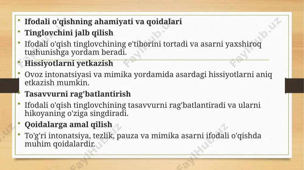 a, fikri va ko‘zi ochiladi. uchinchidan, o‘tganlarning zahmat-u uqubatlaridan xabardor bo’lsa, hech kim bu dunyoda tashvish-u g‘amdan ozod emasligini anglab ko‘ngli taskin topadi, tasalli bo’ladi” qissalarni ifodali o'qishga kirishishdan oldin, uning janr xususiyatini belgilash, asarda qo‘yilgan bosh g‘oyani aniqlash lozim bo‘ladi. shu bilan bir qatorda, asarda ishtirok etuvchi personajlarning xarakteriga xos xususiyatlarni o‘rganish, o‘tkir dramatizm, keskin konflikt aks etgan o‘rinlarni belgilash ifodali o‘qishning samaradorligini yanada oshiradi. qissadan parcha o‘qiladi. 1. qissadan qanday xulosa chiqardingiz? 2. qissa parchasidan nimalarni tushundingiz? romanlarni ifodali o‘qish roman epik turning keng qamrovli janri bo‘lib, uning asosiy xususiyati inson hayotini butun murakkabligi bilan har tomonlama aks ettirishdan iboratdir. romanda ishtirok etuvchi bosh qahramonlar ham, syujet chizig‘ida muhim o‘rin tutuvchi boshqa personajlar ham atroflicha yoritiladi. shuning uchun roman til jihatidan murakkab, hajm jihatidan ko‘lamdor bo‘ladi. romanda turli personajlar tasviri, tavsifi, voqeaning boshlanishi, u boshlangunga qadar personaj hayotida yuz bergan hodisa, uning voqea so‘ngidagi taqdiri, ekspozitsiyaning turli ko‘rinishlari …