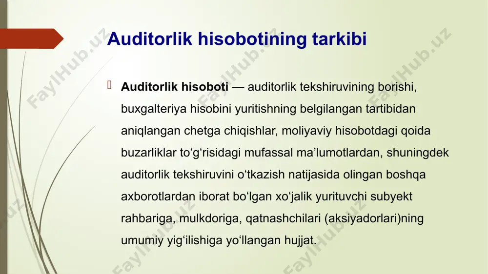 davomida aniqlangan ichki nazorat tizimining xo‘jalik yurituvchi subyekt faoliyatining ko‘lami va xususiyatiga ahamiyatli nomuvofiqliklarning bayoni. ichki nazorat tizimini tekshirish quyidagilarni o‘z ichiga olishi lozim: ichki nazorat tizimi, uning moliyaviy hisobot ishonchliligini ta’minlashi va xo‘jalik yurituvchi subyekt faoliyatining xususiyatiga muvofiqligi to‘g‘risidagi ma’lumot; auditorlik tekshiruvi davomida aniqlangan ichki nazorat tizimining xo‘jalik yurituvchi subyekt faoliyatining ko‘lami va xususiyatiga ahamiyatli nomuvofiqliklarning bayoni. auditorlik hisobotining yakuniy qismi auditorlik hisobotining yakuniy qismi quyidagilarni o‘z ichiga olishi kerak: buxgalteriya hisobi to‘g‘risidagi qonun hujjatlarini buzish va aniqlangan kamchiliklarni bartaraf etish bo‘yicha auditorlik tashkilotining umumiy xulosalari va tavsiyalari; buxgalteriya hisobi tizimining samaradorligini oshirish bo‘yicha takliflar, hamda xo‘jalik yurituvchi subyektning moliyaviy-xo‘jalik faoliyati samaradorligini oshirish yuzasidan tavsiya va takliflar; auditorlik hisoboti tuzilgan sana; auditorlik tekshiruvining buyurtmachisi tomonidan auditorlik hisobotini olganligi to‘g‘risida belgi. auditorlik tashkiloti o‘tkazilgan auditorlik tekshiruvi natijalari bo‘yicha tayyorlangan auditorlik hisobotiga asosan auditorlik xulosasini tuzishi lozim. image1.jfif image2.jpg image3.jfif image4.jpg /docprops/thumbnail.jpeg