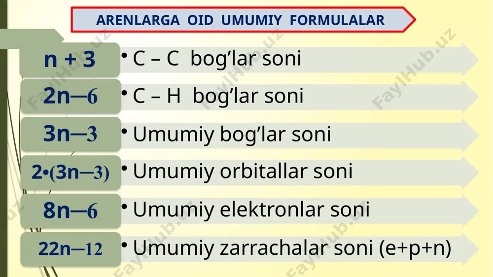 antrotsen bilan birgalikda hosil bo`ladi. fenantrenning tirik organizmlardagi ahamiyati juda katta u asosan tabiatda shifobaxsh o`simliklar tarkibida uchraydigan – steroidlar, gormonlar, d vitamini va biologik aktiv moddalarning asosiy qismini tashkil etadi. fenantrendan olingan ko`pchilik moddalar tilbiyotda ishlatiladi. 34 naftalin galogenlash sulfolash nitrolash reaksiya lariga kirishadi. α – xlor naftalin α – naftalin sulfokislota β – naftalin sulfokislota α – nitro naftalin 35 ko’p halqali arenlar n a f t a l i n ftal angidrid oksidlanishi 36 ko’p halqali arenlar a n t r a t s e n oksidlanishi a n t r a x i n o n antraxinon sariq kristall modda, 286°c da suyuqlanadi. u alizarin bo'yoq moddasini olishda asosiy xomashyo hisoblanadi. 37 a l i z a r i n ko’p halqali arenlar alizarin – qizil rangli kristall modda bo`lib, 2900 da suyuqlanadi. alizaringa al(oh)3 qo`shilsa – och qizil rang, fe(oh)3 – to`q binafsha, cr(oh)3 – …