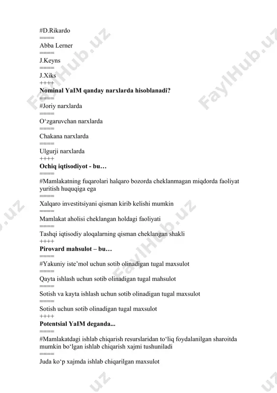 zali ==== bilim, malaka ==== bilim, malaka, amaliyot ++++ savdo to‘siqlari –bu... ==== #tarif to‘siqlari, notarif to‘siqlari ==== ichki to‘siqlar ==== tashqi to‘siqlari ==== eksport cheklovlari ++++ shaxsiy tasarrufdagi daromad qanday hisoblanadi ? ==== #shaxsiy daromad minus individual soliqlar ==== shaxsiy daromad plus individual soliqlar ==== ish xaqilar yig‘indisi ==== milliy daromad minus shaxsiy daromad ++++ sim qanday hisoblanadi? ==== #yaim - (minus) amortizatsiya ==== shd -(minus) individual soliqlar ==== sim - (minus) biznesga egri soliqlar ==== yaim - (minus) dividentlar ++++ sof eksport qanday ko‘rsatkich ==== #mamlakatning import va eksport operatsiyalari bo‘yicha xarajatlar o‘rtasidagi farq ==== import va eksportning yigindisi ==== eksport tovarlar ==== eksport operatsiyalari ++++ subsidiya nima? ==== #pul yoki natura ko‘rinishida yordam turi bo‘lib, byudjet va byudjetdan tashqari fondlardan to‘lanadi ==== pul yoki natura ko‘rinishida yordam turi bo‘lib, uni korxonalardan olinadi ==== qat’iy maqsadlar uchun beriladigan dotatsiya turi ==== transfert to‘lovlari ++++ subventsiya nima? ==== #qat’iy …