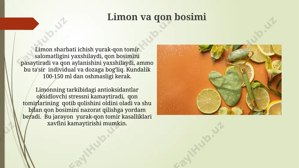 lashtirishga va qon tomirlarining elastikligini oshirishga yordam beradi, bu esa yurak mushagining samaraliroq ishlashiga olib keladi. taxminan 150mg kaliy bir dona o'rtacha kattalikdagi limonda mavjud. limon sharbati tarkibidagi sitrat kislotasi qon bosimini pasaytirishga yordam beradi, bu esa yurak-qon tomir salomatligini yaxshilashga hissa qo'shadi. taxminan 100 ml limon sharbati kunlik ratsionga qo'shilishi mumkin. e'tiboringiz uchun rahmat @taqdimot_robot image1.jpg image2.jpg image3.jpg image4.jpg image5.jpg image6.jpg image7.jpg image8.jpg image9.jpg image10.jpg image11.jpg image12.jpg image13.jpg image14.jpg image15.jpg