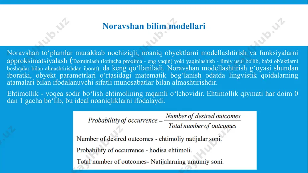nayotganlar idishlarga har xil talabga ega, p(a) - a taomiga buyurtma berish ehtimoli, berilgan a uchun b xatolik ehtimoli p ga teng ( b/a) va to'g'ri tartibni eshitish ehtimoli p (a/b) ga teng. p(b) va p(b/a) ehtimolliklari shartlar haqidagi bilimdir. ekspert tizimlariga kirish ekspert tizimlari kontseptsiyasi 1970-yillarda stenford universitetining informatika professori va stenford bilim tizimlari laboratoriyasining asoschisi kompyuter olimi edvard feygenbaum tomonidan ishlab chiqilgan. dunyo ma'lumotlarni qayta ishlashdan "bilimlarni qayta ishlash" ga o'tmoqda, dedi feigenbaum 1988 yil qo'lyozmasida. ekspert tizim ekspert tizimi - muammoli vaziyatni hal qilishda mutaxassisni qisman almashtira oladigan kompyuter tizimi. ekspert tizimiga nimalar kiradi? ekspert tizimi bilimlar bazasi, mantiqiy xulosa qilish mexanizmi va tushuntirish quyi tizimidan iborat. ekspert tizimlari inson imkoniyatlariga ega emas. ular ma'lum bir sohaning bilim bazasidan foydalanadilar va bu bilimlarni muayyan vaziyat faktlariga tatbiq etadilar. ekspert tizim birinchi ekspert tizimining nomi nima? ekspert tizimlarining o'tmishdoshlari 1832 yilda s. n. korsakov tomonidan taklif qilingan bo'lib, …