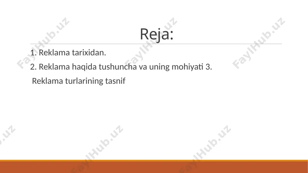 hiqarishning o'sishiga yordam berdi. radioning, keyingi paytda, televideniyening kashf etilishi reklama faoliyatida kuchli turtki bo'lib xizmat kildi. marketing nafaqat passiv masalalarni asosiy iste'molchilar talablarini batafsil va tula o'rganishni, balki faol masalalar sotishni o'sishi ularning samaradorligi va tadbirkorlik. reklama muhim. reklama (lotincha: reklamo — „qichqirmoq“) — tovarlarning sifati, ularni sotib olishdan koʻriladigan naf haqidagi axborot; bevosita yoki bilvosita foyda (daromad) olish maqsadida yuridik va jismoniy shaxslar yoki mahsulot toʻgʻrisida tarqatiladigan maxsus axborot. reklama marketingning tarkibiy qismi hisoblanib, talab va isteʼmolchilar didining shakllanishiga taʼsir koʻrsatadi. reklama korxona imijini yaratish (uzoq davrli taʼsir koʻrsatish), joriy sotish hajmini koʻpaytirish (qisqa davrli taʼsir koʻrsatish), haridorlarga nima sotib olishni va uni nima uchun sotib olish zarurligini hal qilishda yordamlashish va boshqa maqsadlarda olib boriladi. reklamaning asosiy vazifasi — xaridorni qiziqtirish, mijoz xaridorlarni yoʻqotmaslik va ularni kengaytirishga qaratiladi. reklamaning paydo boʻlish tarixi juda qadimiy, yunoniston va qadimgi rimda ogʻzaki va yozma reklama, hatto tovar belgisi qoʻyib tamgʻalash …