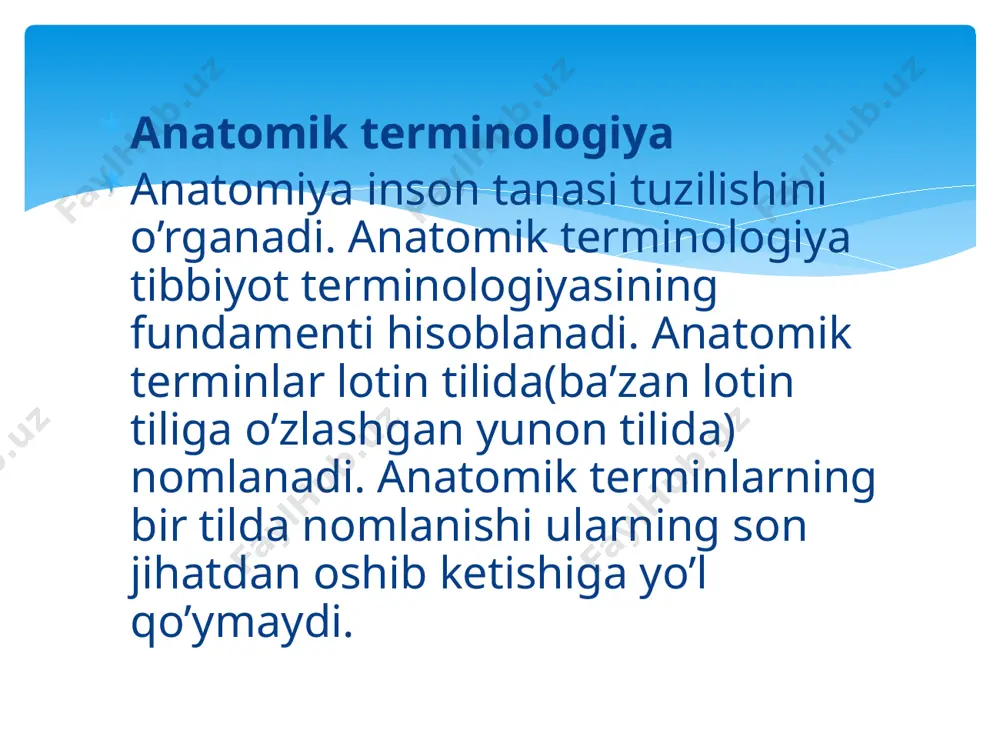 sini anglatadi. boshqa anatomik terminlar parietal (lotincha “paries” – “devor”). tana bo’shliqlarini o’rab turgan devorlar shunday nomlanadi. masalan, peritoneum parietale – qorin bo’shlig’i a’zolarini ichki tomondan o’rab turgan parda. terminal (lotincha “terminus” – “oxirgi”). qon-tomir, nerv tolalarining oxirgi tarmoqlari shunday ataladi. masalan, aksonning terminal tarmoqlari. visceral (lotincha “viscera” – “ichki organlar”). tana bo’shlig’ida joylashgan organlarga, ularga boruvchi nerv va qon-tomir tarmoqlariga nisbatan ishlatiladi. masalan, oshqozon peritoneum viscerale bilan qoplangan. peritoneum visceraleni o’zini esa peritoneum parietale qoplagan. etiboringiz uchun rahmat! image2.png image3.png image4.png