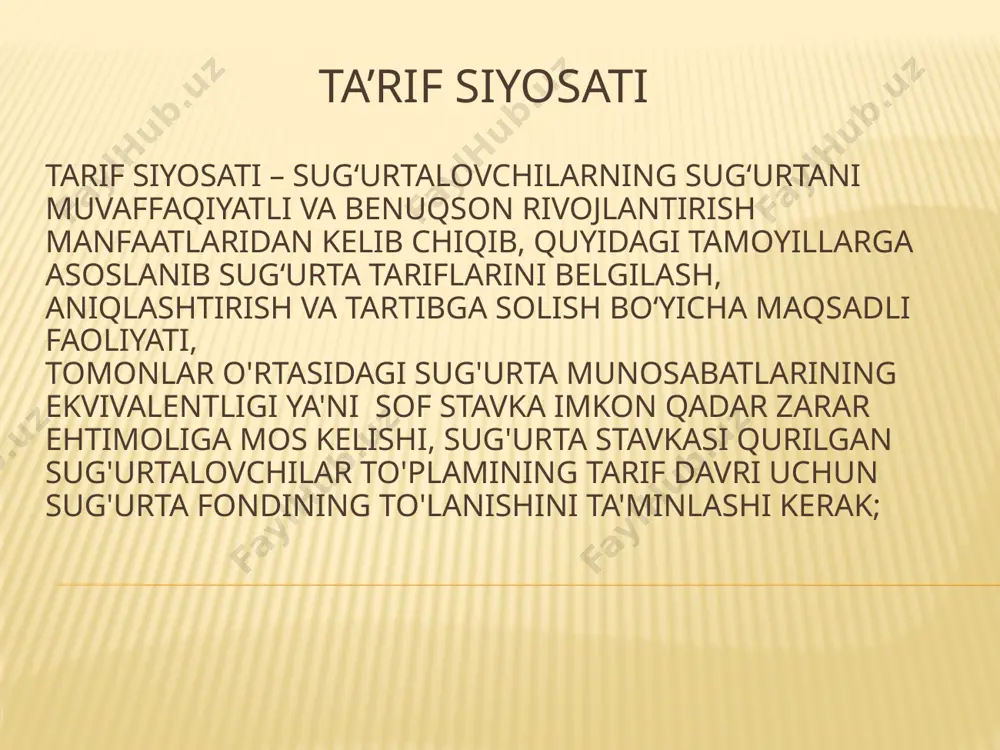 g‘urta hodisalari (yong‘in, kasalliklar, sovuq va shu kabilar) yuz berishi oqibatida, zarar ko‘rishi yoki halokatga uchrashi ehtimoli turlichadir. shundan kelib chiqib, ob’ektlarning shartnomada qayd etilishi nazarda tutilayotgan sug‘urta hodisalaridan sug‘urtalash bo‘yicha tarif stavkalari ham turlicha belgilanishi mumkin. netto stavkasi qismlari netto-stavka ikki qismdan - sug‘urta summasining zararlilik ko‘rsatkichi va risk «yuki»dan shakllantiriladi. sug‘urta summasining zararlilik ko‘rsatkichi - eng katta ehtimollikka ko‘ra, sug‘urtalangan ob’ektlar summasining to‘langan sug‘urta qoplamasi summasi nisbatidan kelib chiqadi. masalan, bir avtomobilning narxi 10 mln. so‘m, uni ta’mirlash 3 mln. so‘m, yo‘l halokati hodisasi doimiyligi koeffitsiyenti (dan ma’lumotiga ko‘ra) 0,2 bo‘lsa, sug‘urta summasining zararlilik ko‘rsatkichi (ss3k = 3 mln. so‘m : 10 mln. x 0,2 x 100 = 6 so‘m yoki 6 %) 6 foizni tashkil etadi risk qoplamasi risk qoplamasi to‘lovining kattaligi sug‘urta hodisasi yuz berishi ehtimolligi darajasiga bog‘liq bo‘ladi. risk bo‘yicha sug‘urta mukofoti uning yuz berish ehtimolligining vaqt va kenglikdagi holatidan keltirib chiqariladi. hayot sug‘urtasi tarmog‘ida …