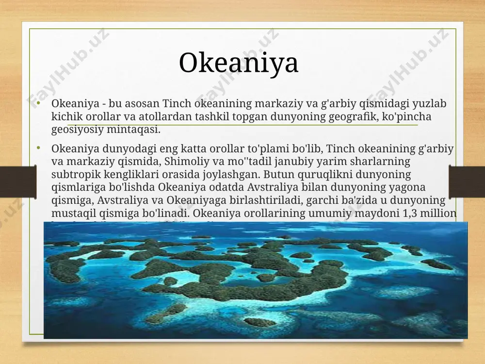 odalaydi. mahalliy aholi o'zining asl madaniyatini ehtiyotkorlik bilan saqlaydi. yangi zelandiyada angliya-yangi zelandiya millati tashkil topdi. okeaniya siyosiy xaritasi okeaniya davlatlari okeaniyaning zamonaviy siyosiy xaritasini shakllantirish uchun uzoq vaqt kerak bo'ldi. ko'pgina orollar hali ham aqsh (gavayi), buyuk britaniya, frantsiya va avstraliyaning mulki bo'lib qolmoqda. 20-asrning 60-yillari boshlariga qadar bitta mustaqil davlat - yangi zelandiya mavjud boʻlsa, hozir ularning soni 10 dan oshdi. eng kichigi nauru (bitta orol), kiribati esa 30 ta oroldir. okeaniya iqtisodiyoti asosiy sanoat - tropik qishloq xo'jaligi. hindiston yong'og'i palmalari plantatsiyalarda o'stiriladi. choy, qahva. banan, shakarqamish, ananas. hindiston yong'og'i yog'i olinadigan kokosning quritilgan pulpasi ayniqsa qadrlanadi. mahalliy aholi echki va cho'chqa boqadi. an'anaviy mashg'ulot baliq ovlash va boshqa dengiz hunarmandchiligidir. yangi zelandiya okeaniyadagi iqtisodiyoti yaxshi rivojlangan yagona davlatdir. xalqaro turizm okeaniya rivojlangan xalqaro turizm hududidir. ko'plab sayyohlar gavayi orollari va pasxa orollariga tashrif buyurishadi. taiti va boshqalar. pasxa oroli milliy bog' deb e'lon qilingan va jahon …