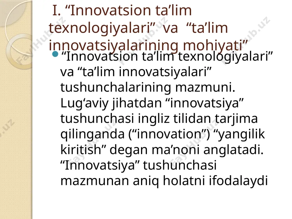 ldini olish va bartaraf etish; - yangiliklarni izlab topish va ularni o‘z sharoitiga moslashtirib borish. pedagogik innovatsiyalar tegishli sohada ijobiy o‘zgarishlarni sodir etish, sifat jihatdan yuqori natijalarga erishish maqsadida qo‘llaniladi. pedagoglarda innovatsion yondoshuvning qaror topishi ham murakab jarayon bo‘lib, u bir necha bosqichda kechadi. 1.pedagogik innovatsiyalarning amaliyotga tadbiqi stixiyali kechadi, ya’ni, innovatsion jarayonda pedagogik yangiliklarga bo‘lgan ehtiyoj hisobga olinmaydi, ularni amaliyotga tadbiq etishda mavjud shart-sharoitlar, usul va yo‘llariga ongli munosabat bildirilmaydi. 2.pedagogik innovatsiyalarning amaliyotga tadbiqi stixiyali kechadi, ya’ni, pedagogik yangiliklar innovatsion jarayonda ongli, maqsadga muvofiq, ilmiy asoslangan faoliyat mahsuli sifatida amaliyotga joriy etiladi.bosqichlar; -muammoni taxlil asosida aniqlash; -mo‘ljallanayotgan ta’lim tizimini loyihalash; -o‘zgarishlar va yangiliklarni rejalashtirish; -o‘zgarishlarni amalga oshirish; image2.jpeg image3.jpeg image4.jpeg image5.jpeg