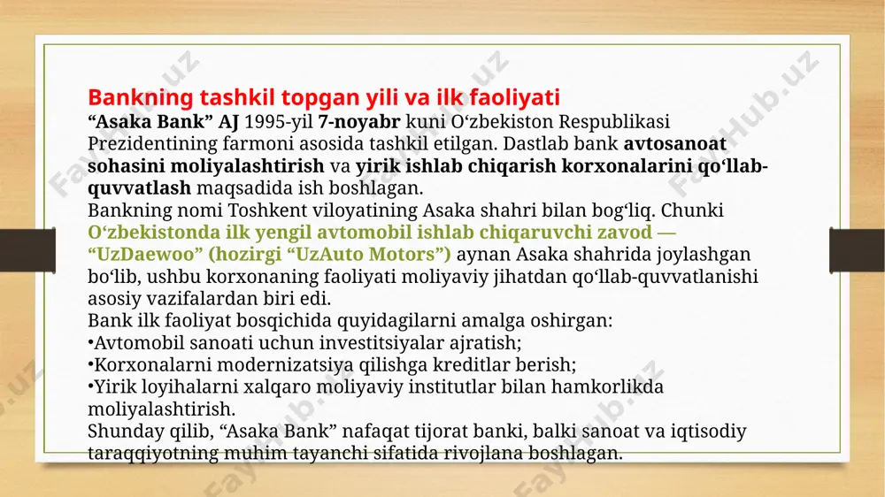 “asaka bank” aj ning asosiy ta’sischisi va eng yirik aksiyadoridir. bank 1995-yilda aynan davlat tashabbusi bilan, strategik tarmoqlarni moliyalashtirish maqsadida tashkil etilgan. moliya vazirligi bank ustav kapitalining katta qismini shakllantirgan va hozirgacha asosiy boshqaruv ulushiga ega. 2. yirik aksiyadorlar: davlat korxonalari va yirik davlat tashkilotlari – ayrim aksiyalar davlatga qarashli yirik kompaniyalar qo‘lida bo‘lishi mumkin. xususiy yuridik shaxslar – kichik ulushga ega bo‘lgan investorlar (korxonalar va firmalar). jismoniy shaxslar – bank aksiyalarining kichik qismini sotib olgan aholining vakillari. 3. aksiyadorlik tuzilmasining xususiyatlari: “asaka bank” ochiq turdagi aksiyadorlik jamiyati hisoblanadi, ya’ni uning aksiyalari ma’lum bir tartibda ochiq sotilishi mumkin. ammo strategik bank sifatida asosiy nazorat paketi davlat tasarrufida qolmoqda. bankda aksiyadorlarning yillik yig‘ilishi, kuzatuv kengashi va boshqa boshqaruv organlari orqali boshqaruv amalga oshiriladi. “asaka bank”ning hududiy filiallari va xizmat ko‘rsatish tarmog‘i “asaka bank” — o‘zbekiston bo‘ylab keng tarmoqqa ega bo‘lgan yirik moliya muassasasi bo‘lib, aholi va yuridik shaxslarga qulay bank xizmatlarini …
