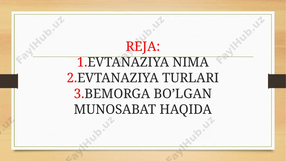 sabat bildirilmoq da. liberal va konservativ. ikkala munosabat egalari evtanaziyani amalga oshirishni shakllariga o’z dalillarini bildirmoqdalar. tibbiy o’lim - bemorning azob uqubatdan qutqarishning yagona chorasi sifatida;. bemorni yaqinlariga raxmdilligi - "meni deb yaqinlarim qiynalmasin". bemorni egoistikligi natijasida - " nomim va sha'nimga munosib o’z xurmatim bilan o’lishni xoxlayman". biologik - mayib majrux insonlardan yana mayib majruxlar tug’ilib ko’paymasligi uchun. mag’sadga muvofig’lik - uzog’ va natijasiz muolajani, reanimasiya chora tadbirlarini to’xtatib, yashab ketishiga umid bor bemorlarga reanimasiya asbob uskunalarni qo’llash. ekonomik - davolab bo’lmaydigan yashab ketishiga umid yo’q bemorlarga mablag’ sarflamaslik. oxirgi uchta maqsad fashistlar germaniyasi tomonidan davlat siyosati sifatida ishlatilib, urushni oxirgi yillari mayib majruxlar, og’ir yaradorlarni dori darmon va gospital resurslari taqchilligi sababli o’ldirishgan. konsultasiya turlari konsultasiya direktivli va nodirektiv bo’lishi mumkin bu xodisaning xususiyatiga bogliq. direktiv konsultasiya- bu shifokorning bemorga tayyor qarorni taklif etishi, nodirektiv konsultasiya esa shifokorning bemorga mustaqil to’g’ri yo’l tanlashga yordam berishidir. nodirektiv konsultasiya. eng …