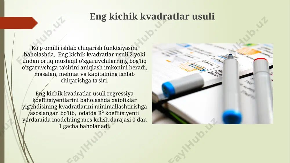 chiqarish hajmini aniqlash zarurligini ko'rsatadi. cobb-douglas ishlab chiqarish funksiyasi kobb-duglas funktsiyasining parametrlarini baholash uchun odatda eng kichik kvadratlar usuli yoki maksimal ehtimollik usuli kabi ekonometrik usullardan foydalaniladi, bunda ishlab chiqarish va resurslar miqdori bo'yicha ma'lumotlar talab etiladi. kobb-duglas ishlab chiqarish funktsiyasidagi α va β parametrlari, tegishlicha, mehnat va kapitalning ishlab chiqarishga qo'shayotgan hissasini ko'rsatadi va ularning qiymati 0 dan 1 gacha bo'ladi, ularning yig'indisi 1 ga teng bo'lishi shart emas. ishlab chiqarish omillarining samaradorligi yer resurslarining samaradorligi dehqonchilikda 1 gektar maydondan olingan hosil miqdori bilan o'lchanadi. masalan, 1 gektardan 5 tonna g'alla yig'ib olish, 2 tonnaga nisbatan yuqori samaradorlikni ko'rsatadi. ishlab chiqarish omillarining samaradorligini o'lchashda, masalan, mehnat unumdorligini hisoblashda, 1 ishchi 1 soatda o'rtacha 10 ta mahsulot ishlab chiqargan bo'lsa, bu uning yuqori samaradorligini ko'rsatadi. ko'p o'zgaruvchili regressiya tahlili tahlil natijalari standart xatoliklar va p-qiymatlari orqali o'zgaruvchilarning ahamiyatini aniqlashga yordam beradi, masalan, 0.05 dan kam p-qiymati statistik jihatdan ahamiyatli natijani …