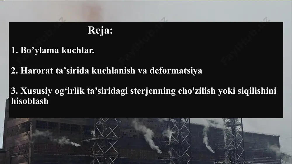 = 8 sm2, a= 16 sm,  = 2, e = 2 · 104 kn/sm2 = 2 · 105 mpa yechimi: 1. ochiq tomonidan kira borib sterjenni uchastkalarga bo’lamiz. uchastka chegaralari bo’lib ko’ndalang kesimning o’zgargan va kuch qo’yilgan kesimlar hisoblanadi. kesish usulidan foydalanib har bir uchastkada ichki zo’riqish kuchi n-ni aniqlaymiz va qabul qilingan masshtabda uning epyurasini quramiz. muvozanat tenglamasida: 1.uchastka. 2.uchastka 3.uchastka. n1 +p1 = 0, n2 +p1 = 0, n3 +p1 -p2 = 0, n1 = - p1 = -20 kn n2 = -20 kn n3 = - p1 + p2 = -20 + 30 = 10 kn 2. har bir uchastkada normal kuchlanish –ni aniqlaymiz va uning epyurasini chizamiz. e'tiborlaringiz uchun rahmat! image10.png image11.jpg image8.png image9.png image5.png image6.png image12.jpg image13.jpeg image14.wmf image15.jpg oleobject1.bin image16.png image17.png image18.png image19.png image20.png image21.png image22.png image23.png image24.png image180.png image25.png image26.png image27.png image28.jpg image29.png image30.png image31.wmf oleobject2.bin oleobject3.bin oleobject4.bin image32.wmf oleobject5.bin image3.png image4.png …