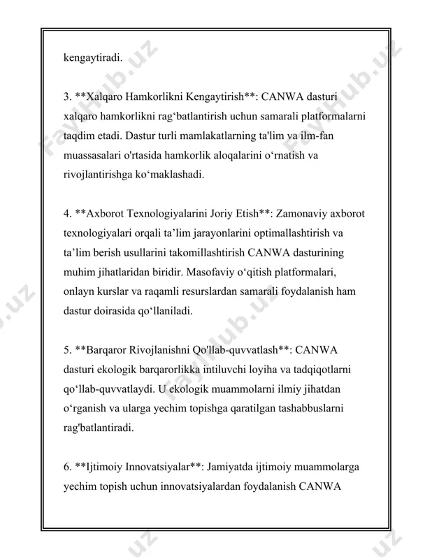 rni kengaytirib yoki o'zgartirib olishlari mumkin. 9. **tajriba va qo'llab-quvvatlash**: canwa dasturi bilan birga foydalanuvchilarga tajriba va qo'llab-quvvatlash xizmatlari ham taqdim etiladi. bu foydalanuvchilar uchun dasturdan samarali va to‘g‘ri foydalanishda katta yordamdir. yuqorida keltirilgan imkoniyatlar orqali canwa dasturi foydalanuvchilarga samarali boshqaruv va tezkor operatsiyalarni ta'minlaydi. asosiy maqsad - foydalanuvchilarning ishlash jarayonini qulaylashtirish, optimallashtirish va xarajatlarni kamaytirish hisoblanadi. bu dastur orqali foydalanuvchilar o'z bizneslarini yanada rivojlantirish va bozorda raqobatbardoshlikni oshirish imkoniga ega bo'ladilar. 3. canwa dasturining o'rnatish va sozlash jarayoni canwa dasturining o'rnatish va sozlash jarayoni haqida batafsil ma'lumot berishdan avval, dastur haqida qisqacha tushuncha berib o'taman. afsuski, siz zikr qilgan "canwa" dasturini aniq bilmasligim sababli, umumiy dasturlarning o'rnatilishi va sozlanishi jarayonini ko'rib chiqamiz. dastur bu qaysi sohada qo'llanilishiga qarab, o'rnatish va sozlash jarayonlari har xil bo'lishi mumkin. umumiy holda, dasturlarni o'rnatish va sozlash jarayonlari quyidagi bosqichlarni o'z ichiga oladi. 1. **tizim talablarini tekshirish:** - har bir dasturni o'rnatishdan avval, avvalo …