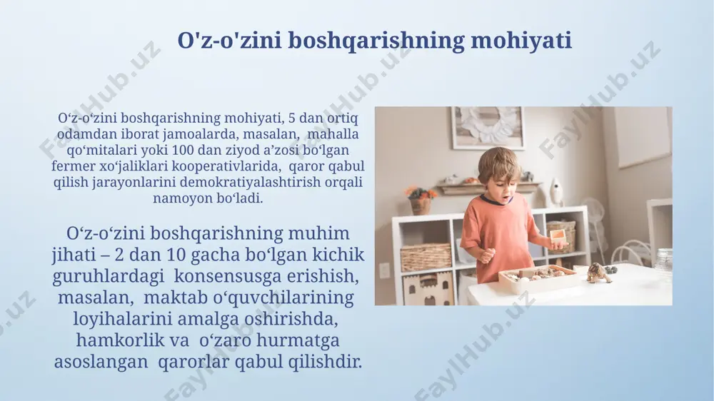 ida 5 ta qishloqda jamiyat tomonidan boshqariladigan 2 ta maktab va 3 ta tibbiyot muassasasi oʻz-oʻzini boshqarishning muvaffaqiyatli misollari sifatida taqdim etilgan. toshkent shahrida 2022-yilda amalga oshirilgan soʻrovnoma natijalariga koʻra, 15% fuqarolar oʻz-oʻzini boshqarishning elektron platformalar orqali samarali amalga oshirilishini qoʻllab-quvvatladi, bu esa shaffoflikni oshirishga yordam beradi. o'z-o'zini boshqarishning kamchiliklari o'z-o'zini boshqarish, masalan, 50 dan ortiq a'zosi bo'lgan kichik korxonalarda, qaror qabul qilish jarayonining sekinlashishi va 30% ga yaqin samaradorlikning pasayishiga olib kelishi mumkin, ayniqsa, buxoro viloyatida kuzatilgan. o'z-o'zini boshqarish, ayniqsa, 1000 dan ortiq aholisi bo'lgan qishloq xo'jaligi jamoalarida, resurslarni taqsimlashdagi adolatsizlikka va 10% atrofida korrupsiya darajasining oshishiga olib kelishi mumkin, bu esa namangan viloyatida aniqlangan. o'z-o'zini boshqarish va qaror qabul qilish o'z-o'zini boshqarish, masalan, 50 dan ortiq xodimli toshkentdagi kompaniyalarda, samaradorlikni 15% ga oshirishga olib kelgan tadqiqotlar shuni ko'rsatadiki, qaror qabul qilish jarayonlarini tezlashtiradi. samarqanddagi ta'lim muassasalarida o'quvchilarning o'z-o'zini boshqarish tizimlarini joriy etish, 2022 yildan boshlab intizomlilikni 10 foizga …