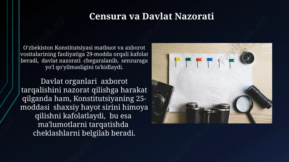 nstitutsiyasi bolalar huquqlarini himoya qilishga alohida e'tibor beradi, ularning sog'lig'i, ta'limi va tarbiyasi davlat tomonidan kafolatlanadi, 18 yoshgacha bo'lgan shaxslarga nisbatan maxsus himoya choralari ko'riladi. onlayn mazmunni modarasiya qilish onlayn platformalar, foydalanuvchilar tomonidan joylashtirilgan 500 dan ortiq zararli sharhlar yoki postlarni o'chirish bo'yicha o'z siyosatlarini ishlab chiqishlari va amalda qo'llashga majburdirlar, shu bilan birga foydalanuvchilarning huquqlarini himoya qilish kerak. o'zbekiston respublikasi konstitutsiyasi matbuot va ommaviy axborot vositalarining faoliyatini 29-modda orqali kafolatlaydi, erkin fikr bildirish huquqini himoya qilib, senzuraga yo'l qo'ymaydi. intellektual mulkiy huquqlar axborot tarqatuvchilar 5 yildan ko‘p bo‘lmagan muddatga jarima yoki huquqbuzarlik sodir etilgan intellektual mulk obyektlarining qiymatining 5 baravarigacha miqdorda jarima to‘lashga majbur bo‘lishi mumkin. o‘zbekiston respublikasining “matbuot va ommaviy axborot vositalari to‘g‘risida”gi qonunida intellektual mulk huquqlari 10-bobda 25-moddadan 30-moddagacha batafsil ko‘rib chiqilgan. ifoda erkinligi va javobgarlik ommaviy axborot vositalari faoliyatini tartibga soluvchi qonun hujjatlari, shu jumladan, 10 dan ortiq qonun va qarorlar mavjud bo'lib, ular matbuot va …