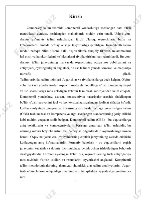 gik asoslari kompitentli ta'limning pedagogik asoslari zamonaviy ta'lim tizimining asosiy tamoyilidir. ushbu yondashuv, ta'lim jarayonida o'quvchilarning faolligini oshirish, ularning muammolarni hal qilish qobiliyatini rivojlantirish va hayotiy ko'nikmalarini shakllantirishga qaratilgan. ta'lim jarayonida kompetensiyalarni rivojlantirish pedagogik asoslar bilan to'la integratsiyalangan bo'lishi kerak. bunda o'qitish metodikasi o'quvchilarning individual imkoniyatlariga moslashtiriladi va ularning o'z-o'zini rivojlantirishiga ko'maklashadi. kompitentli ta'limning asosiy pedagogik tamoyillari quyidagilardan iborat: 1. **o'quvchiga yo'naltirilgan yondashuv**: bu yondashuvda o'quvchi markazda bo'lib, o'qituvchi uning ehtiyojlari, qiziqishlari va darajasiga mos ravishda ta'lim jarayonini tashkil etadi. bu esa o'quvchilarning o'z bilim va ko'nikmalarini mustaqil ravishda qo'llash va rivojlantirish imkoniyatini beradi. 2. **amaliy mashg'ulotlar**: kompetensiyalarni rivojlantirishda amaliy mashg'ulotlarning ahamiyati katta. o'quvchilar nazariy bilimlarni amalda qo'llash orqali ko'nikmalarini mustahkamlashlari va muammolarni hal qilishda tajriba orttirishlari mumkin. masalan, loyiha asosidagi o'qitish usullari o'quvchilarning jamoaviy ishlash qobiliyatini va ijodkorligini rivojlantiradi. 3. **differentsiyalangan ta'lim**: o'quvchilarning o'ziga xos xususiyatlarini hisobga olish va ta'lim jarayonini shunga mos ravishda tashkil etish muhimdir. bu orqali …