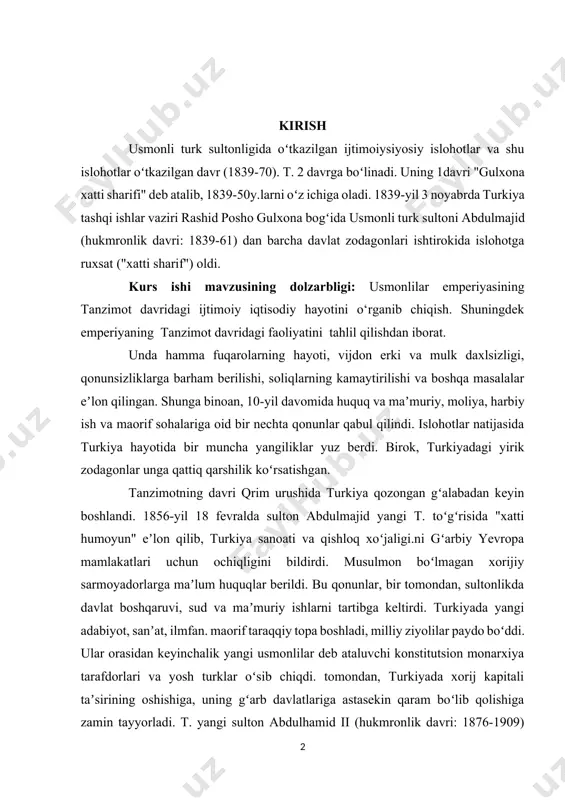 zodagonlar unga qattiq qarshilik koʻrsatishgan. tanzimotning davri qrim urushida turkiya qozongan gʻalabadan keyin boshlandi. 1856-yil 18 fevralda sulton abdulmajid yangi t. toʻgʻrisida "xatti humoyun" eʼlon qilib, turkiya sanoati va qishloq xoʻjaligi.ni gʻarbiy yevropa mamlakatlari uchun ochiqligini bildirdi. musulmon boʻlmagan xorijiy sarmoyadorlarga maʼlum huquqlar berildi. bu qonunlar, bir tomondan, sultonlikda davlat boshqaruvi, sud va maʼmuriy ishlarni tartibga keltirdi. turkiyada yangi adabiyot, sanʼat, ilmfan. maorif taraqqiy topa boshladi, milliy ziyolilar paydo boʻddi. ular orasidan keyinchalik yangi usmonlilar deb ataluvchi konstitutsion monarxiya tarafdorlari va yosh turklar oʻsib chiqdi. tomondan, turkiyada xorij kapitali taʼsirining oshishiga, uning gʻarb davlatlariga astasekin qaram boʻlib qolishiga zamin tayyorladi. t. yangi sulton abdulhamid ii (hukmronlik davri: 1876-1909) tomonidan bekor qilindi va turkiyada istibdod ("zulm") davri boshlandi. 1839 yildan 1870 yilgacha adabiyotda qabul qilingan o'zgarishlarning nomi. tanzimatga oxirida vujudga kelgan portiy inqirozi sabab boʻldi xviii asr, mamlakatning iqtisodiy va siyosiy tanazzulga uchrashi, urushlardagi mag'lubiyat, feodallarning separatizmi, ommaning noroziligi va ularning …