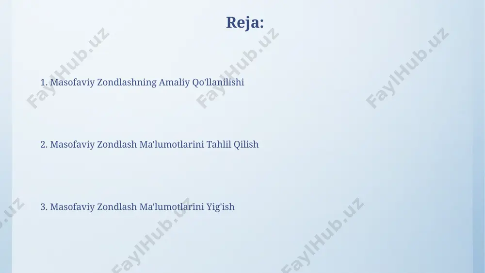 ni oshiradi. uzbekistonning farg'ona vodiysidagi 1000 kv.km maydonni qamrab oluvchi landsat 8 sun'iy yo'ldosh ma'lumotlarini oldindan qayta ishlash jarayonida geometrik to'g'rilash va atmosferaning ta'sirini bartaraf etish muhim ahamiyatga ega. ma'lumotlarni georeferensiyalash va registratsiya registratsiya usullari orasida, geometrik to'g'rilash uchun koordinatalarni (x,y) va balandlik (z) ma'lumotlaridan foydalanuvchi orto-to'g'rilash samarqand viloyatining relyefi murakkab bo'lgan hududlarida samaraliroq natijalar beradi. georeferensiyalash jarayonida 1:25000 masshtabdagi topografik xarita va 30 metrli landsat 8 sun'iy yo'ldosh tasvirlarini bog'lashda gcp (ground control points) nuqtalaridan foydalanish aniqlikni oshiradi, ayniqsa, toshkent shahri atrofida. elektromagnetik spektr va uning komponentlari uzoq infraqizil (700 nm dan 1 mm gacha) spektr oralig'i, masalan, issiqlikni aniqlash uchun ishlatiladi va o'simliklarning salomatligini baholashda muhim ahamiyatga ega. elektromagnetik spektr 400 dan 700 nanometr oralig'ida ko'rinadigan yorug'likni, inson ko'zi bilan qabul qilinadigan qismini o'z ichiga oladi, masalan, yer yuzasining rangli suratlarini olishda ishlatiladi. xulosa va kelajak rejalari 2024-yilga kelib, qashqadaryo viloyati suv resurslarini boshqarish uchun 15 ta turli …