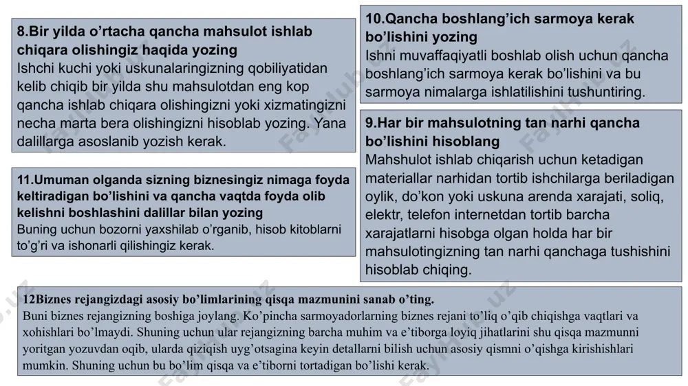 ini foydali yoki zararli, faoliyat davrlarini, xarajat, foydalarini texnik maketini tuzib oladi. ►biznes tavsifi. ►biznes maqsadni (missiyani) aniqlang. ►biznesingizning yuridik maqomini aniqlang. ►ishlab chiqarish jarayonini tavsiflang ►marketing yondashuvni ishlab chiking. ►moliyalashtirish rejasini ishlab chiking ►xodimlar bilan ishlash rejasini ishlab chiqing. ►ish rejasi (grafigi) ►xulosa biznеs-rеjaning tarkibiy qismi. 1. biznеs tasnifi. ►o‘z biznes g‘oyangizni yozing. ►siz tomondan taklif etilayotgan maxsulot yoki xizmat turi xaqida ma’lumot bering. ►fikrlaringizni aniq ma’lumotlar asosida bayon qiling. 2. biznеs maqsadi. ►biz kimning talablarini qondirishga urinayapmiz? ►biz mijozlarimizning qaysi extiyojlarini qondirmoqchimiz? ►biz ushbu talablarni qanday qondiramiz? 3. biznеsning yuridik maqomi. •qaysi shaklda biznesingizni ro‘yxatdan o‘tkazasiz? •ushbu xuquqiy maqomni tanlashingizni sababi nimada? 4. ishlab chiqarish jarayoni tavsifi •siz nima ishlab chiqarasiz yo qanday xizmat ko‘rsatasiz? •ushbu jarayon qanday amalga oshadi? •ishlab chiqarishning (xizmatingizning) har bir bosqichini qisqacha bayon qiling 5. markеting •siz qanday maxsulot ishlab chiqarasiz? •uning o‘ziga xos xususiyatlari? •sizning segmentlaringiz kimlar? •bozordagi ulushingiz qanday? •narx qo‘yish …