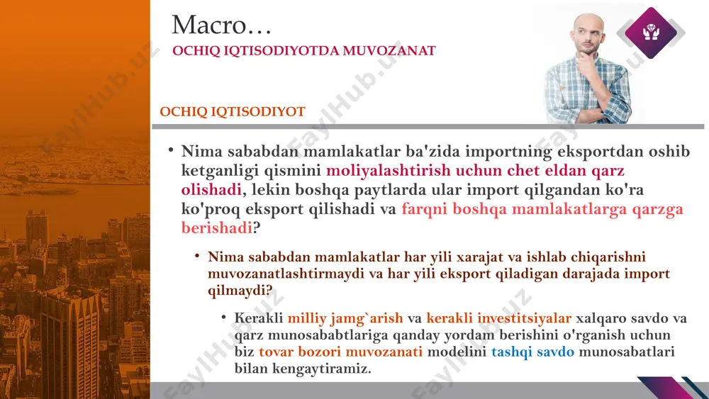 atida. 1980-yillarning boshidan beri qo'shma shtatlarning tashqi qarzlari juda katta o'sishga yuz tutdi. qo'shma shtatlar dunyodagi eng yirik xalqaro qarzdorga aylandi. ammo qo'shma shtatlarning aqsh yaimga nisbatan sof tashqi qarzi boshqa mamlakatlarga nisbatan nisbatan kam (18%) (ba`zi bir boshqa mamlakatlarning sof tashqi qarzlari yaimning 100% dan yuqori). in particular, by importing more than they export and borrowing from abroad to pay for the difference, the residents of an open economy can temporarily spend more than they produce. ‹#› macro… endi biz xalqaro savdo va qarz olishni yuzaga keltiradigan iqtisodiy kuchlarni tekshirishga tayyormiz. mamlakatning joriy balansi va tashqi qarz munosabatlari uning ichki xarajatlari va ishlab chiqarish qarorlari bilan chambarchas bog'liqdir. ushbu aloqalarni tushunish uchun avvalo ochiq iqtisodiyotda tovar bozori muvozanat holati ishlab chiqish zarur. ochiq iqtisodiyotda muvozanat in particular, by importing more than they export and borrowing from abroad to pay for the difference, the residents of an open economy can …